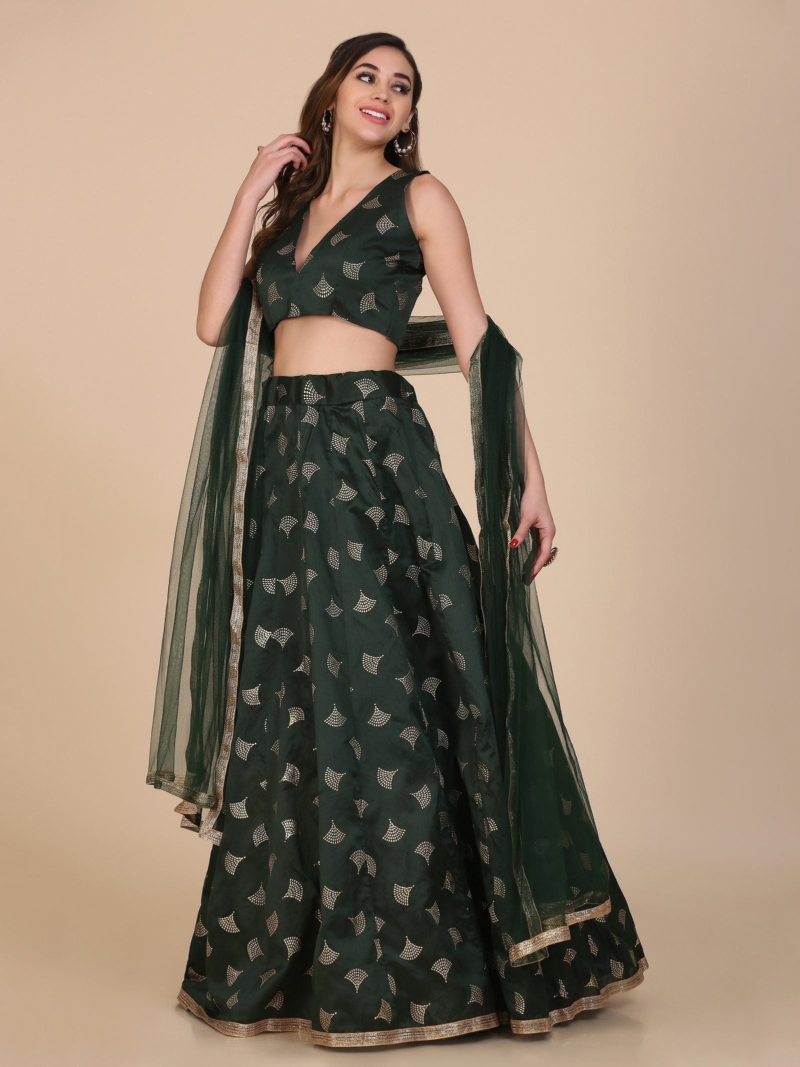 Elegant Dark Green & Gold Motif Festive & Wedding Wear Semi-Stitched Silk Blend Lehenga Choli with Foil Print Work