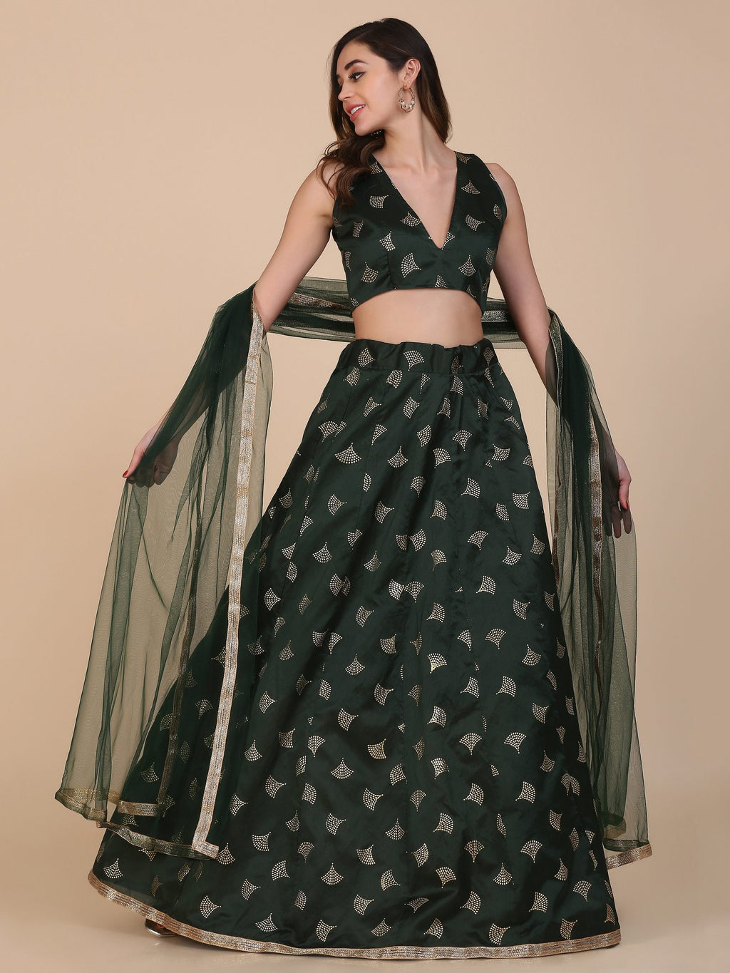 Elegant Dark Green & Gold Motif Festive & Wedding Wear Semi-Stitched Silk Blend Lehenga Choli with Foil Print Work