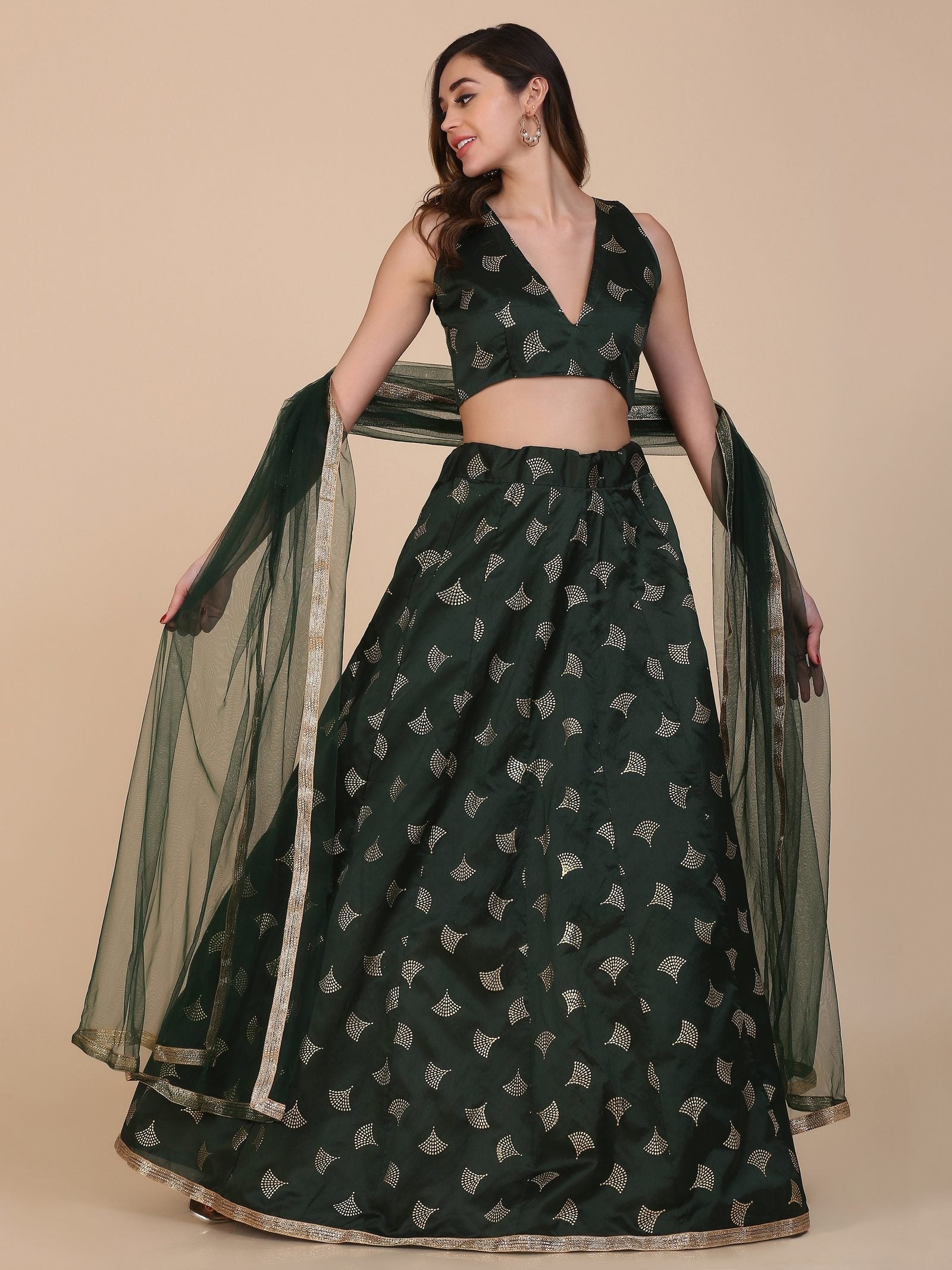 Elegant Dark Green & Gold Motif Festive & Wedding Wear Semi-Stitched Silk Blend Lehenga Choli with Foil Print Work