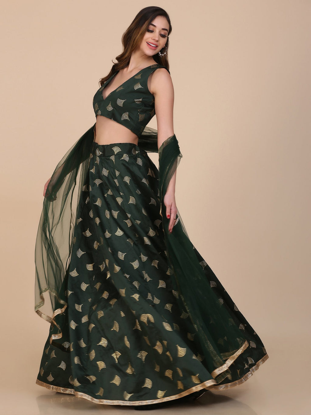 Elegant Dark Green & Gold Motif Festive & Wedding Wear Semi-Stitched Silk Blend Lehenga Choli with Foil Print Work