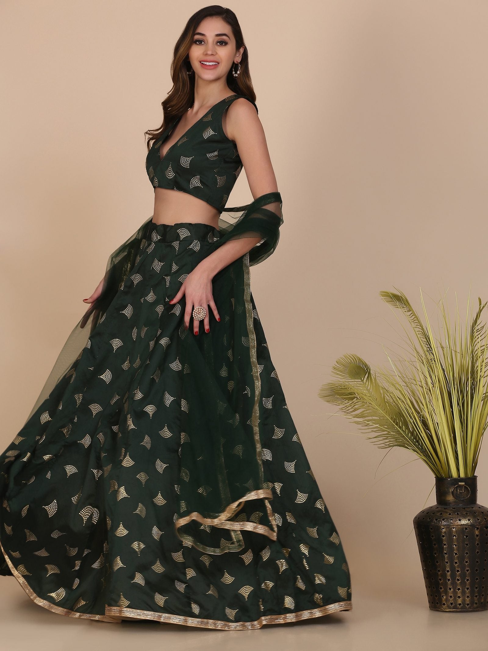 Elegant Dark Green & Gold Motif Festive & Wedding Wear Semi-Stitched Silk Blend Lehenga Choli with Foil Print Work