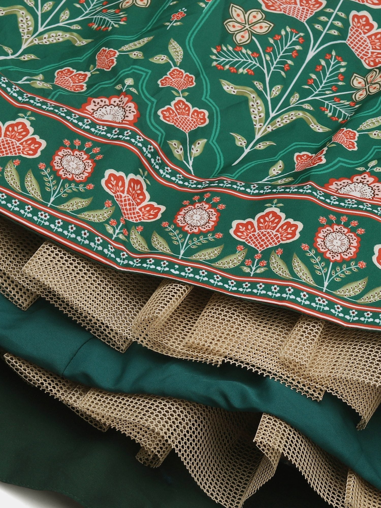 Graceful Forest Green Floral Print Wedding Wear Semi-Stitched Crepe Lehenga Choli with Traditional Block Print & Border Detailing Work