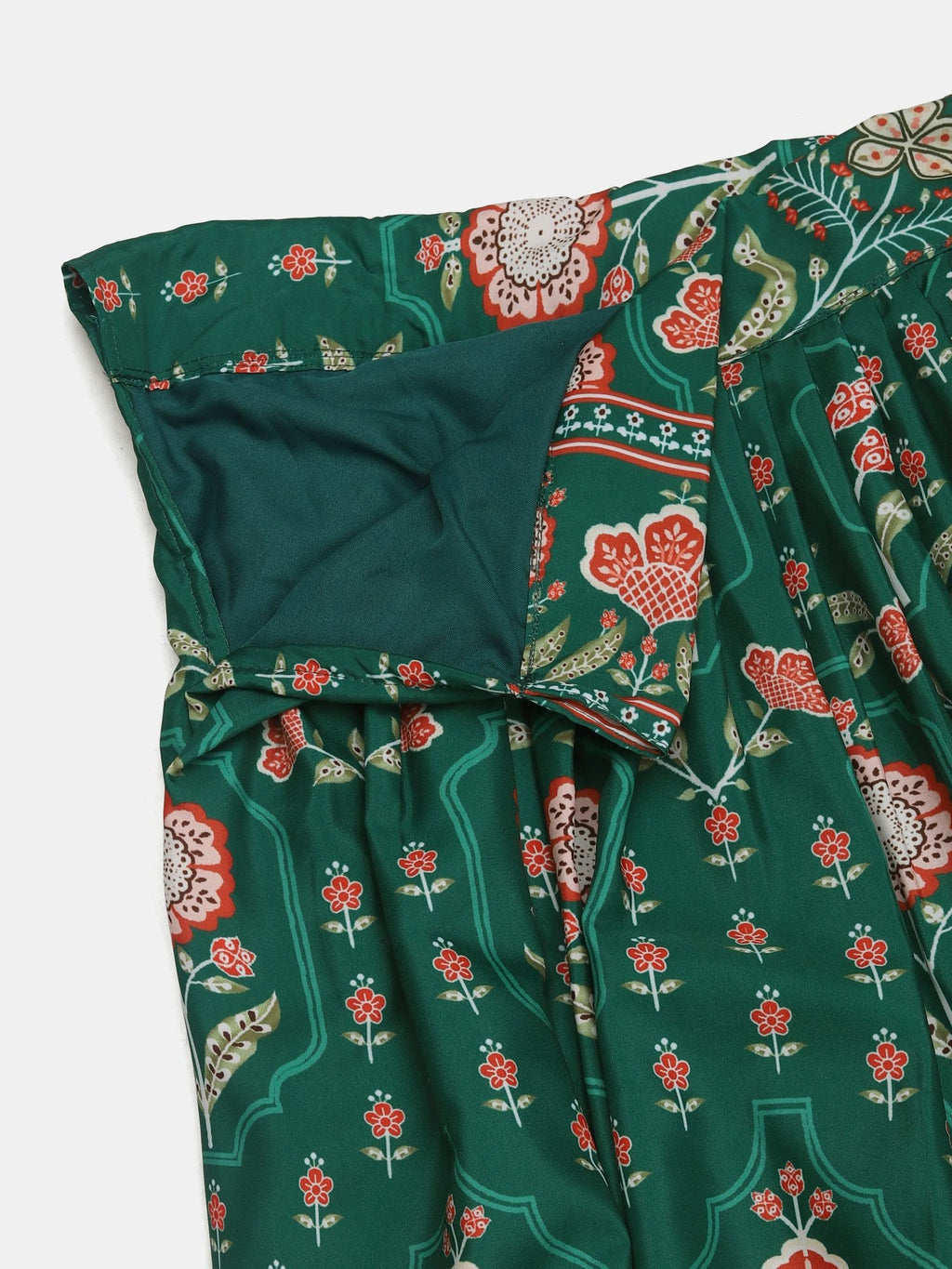 Graceful Forest Green Floral Print Wedding Wear Semi-Stitched Crepe Lehenga Choli with Traditional Block Print & Border Detailing Work