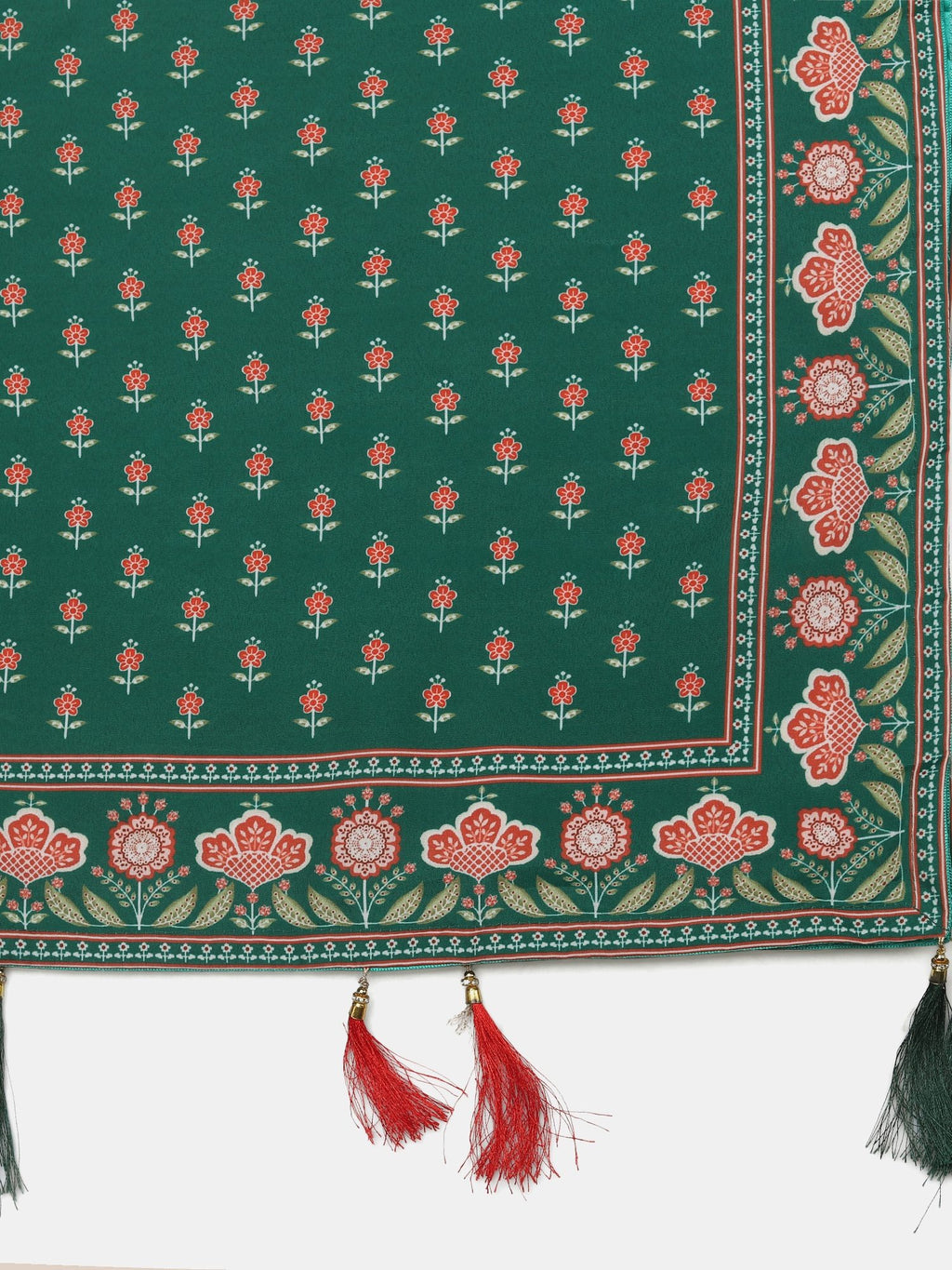 Graceful Forest Green Floral Print Wedding Wear Semi-Stitched Crepe Lehenga Choli with Traditional Block Print & Border Detailing Work