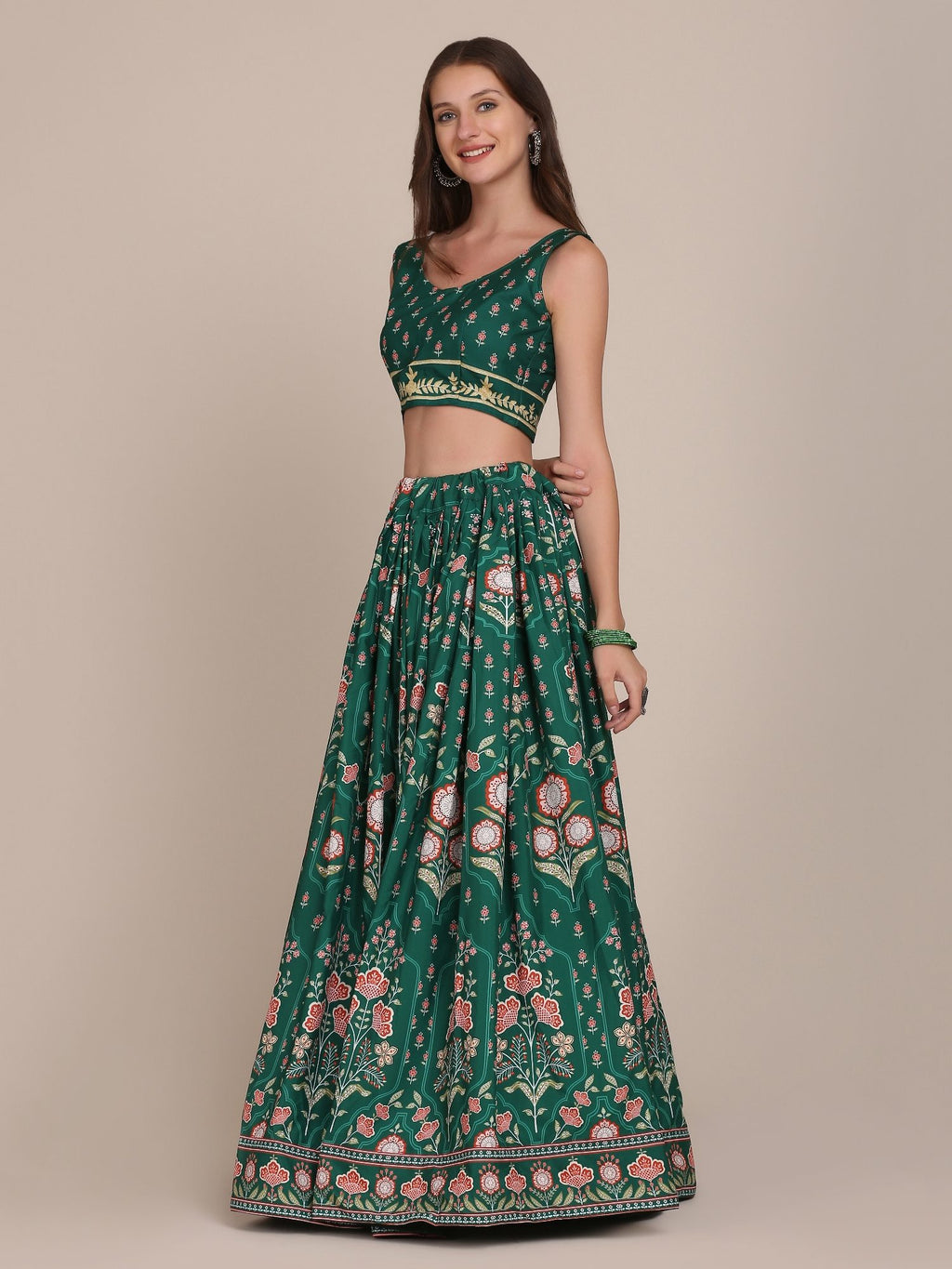 Graceful Forest Green Floral Print Wedding Wear Semi-Stitched Crepe Lehenga Choli with Traditional Block Print & Border Detailing Work