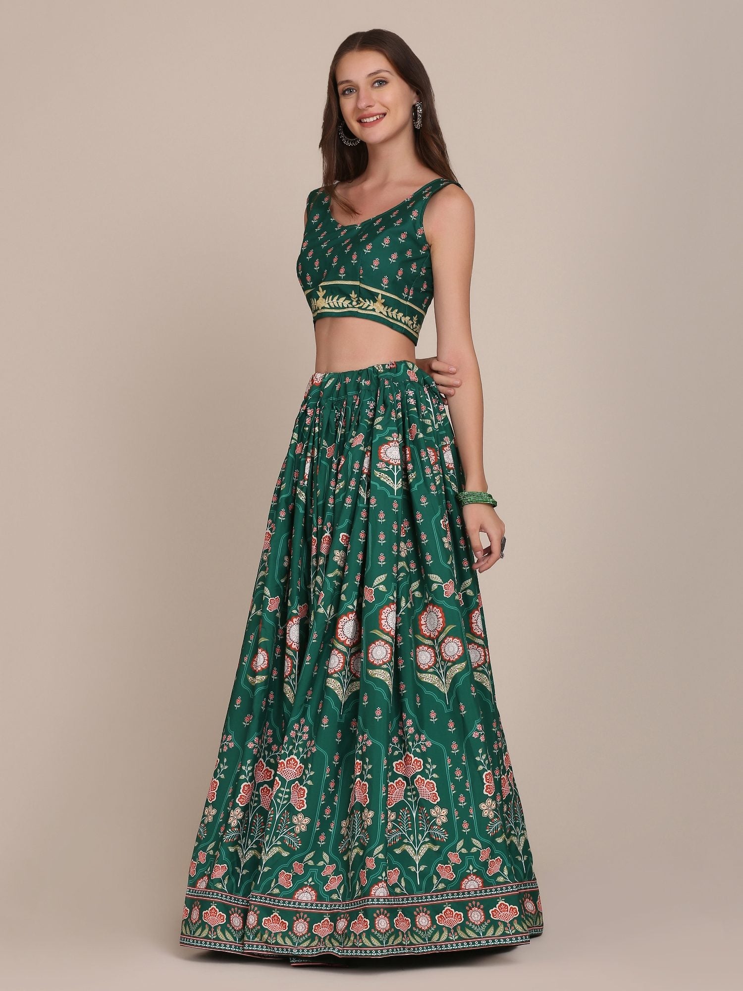 Graceful Forest Green Floral Print Wedding Wear Semi-Stitched Crepe Lehenga Choli with Traditional Block Print & Border Detailing Work