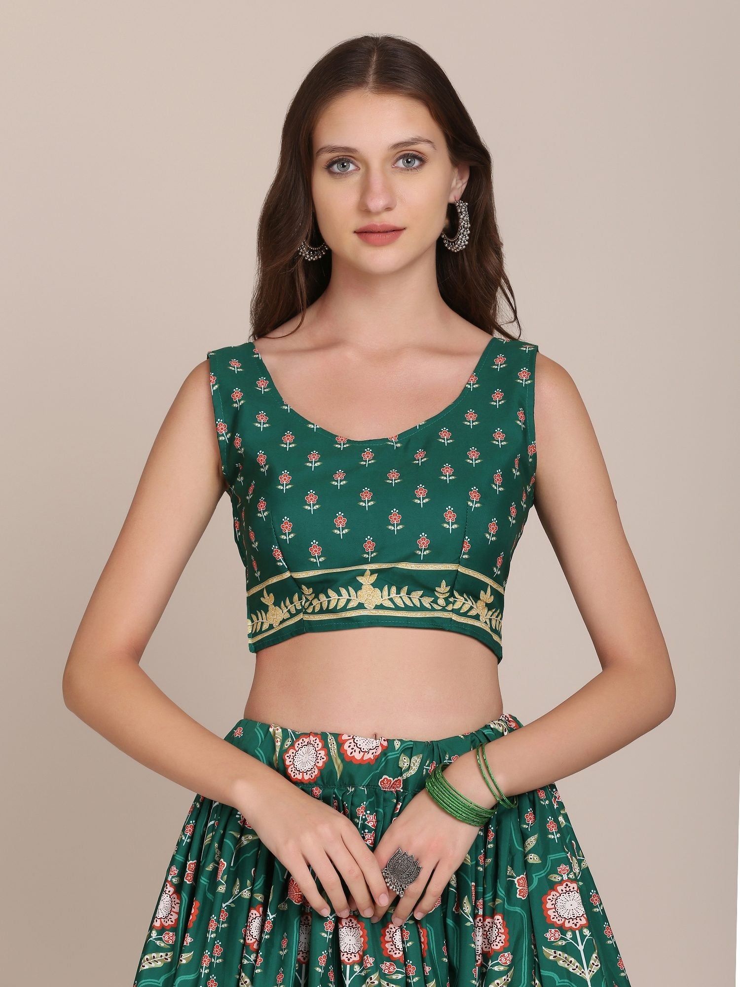 Graceful Forest Green Floral Print Wedding Wear Semi-Stitched Crepe Lehenga Choli with Traditional Block Print & Border Detailing Work