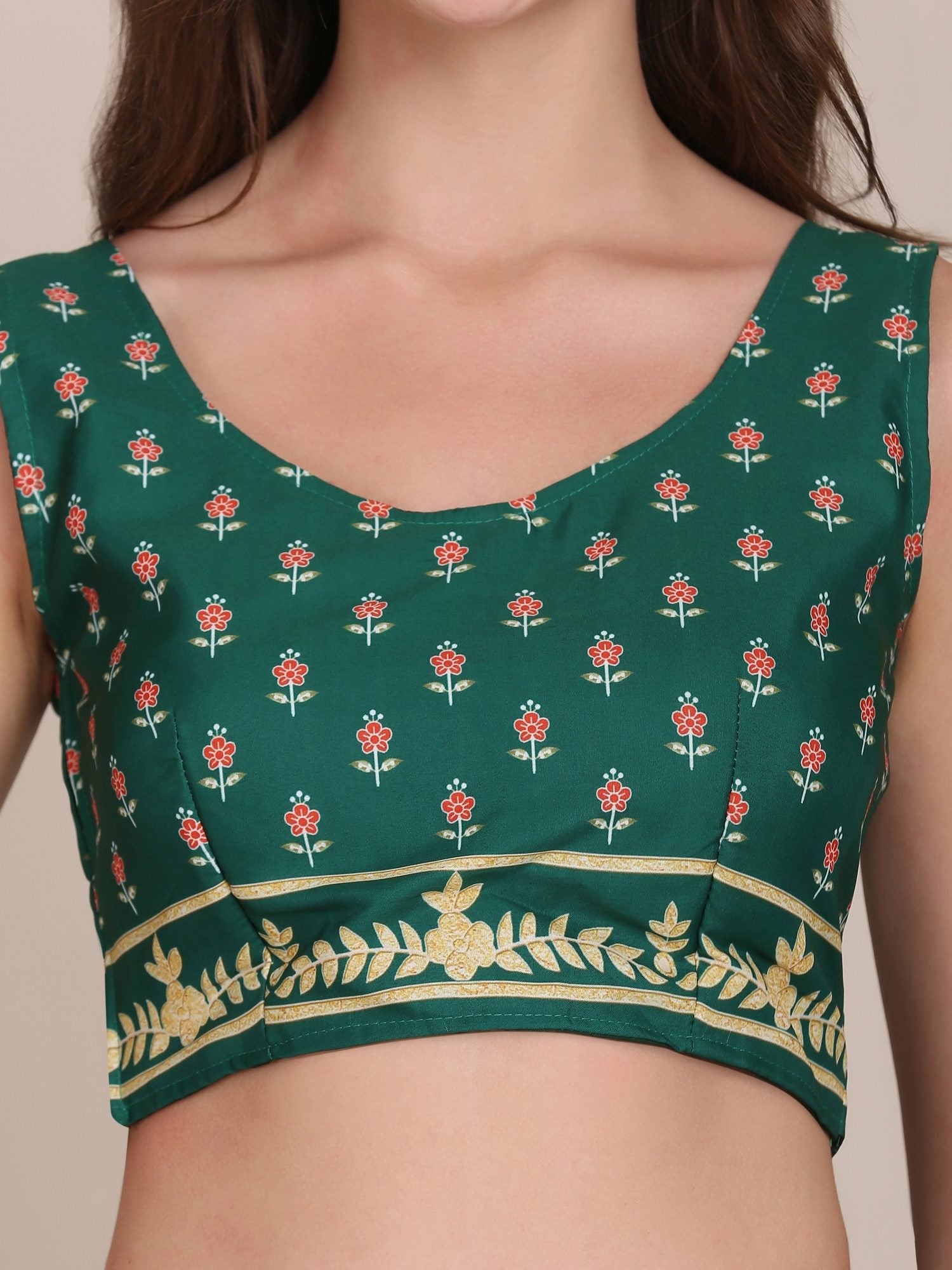 Graceful Forest Green Floral Print Wedding Wear Semi-Stitched Crepe Lehenga Choli with Traditional Block Print & Border Detailing Work