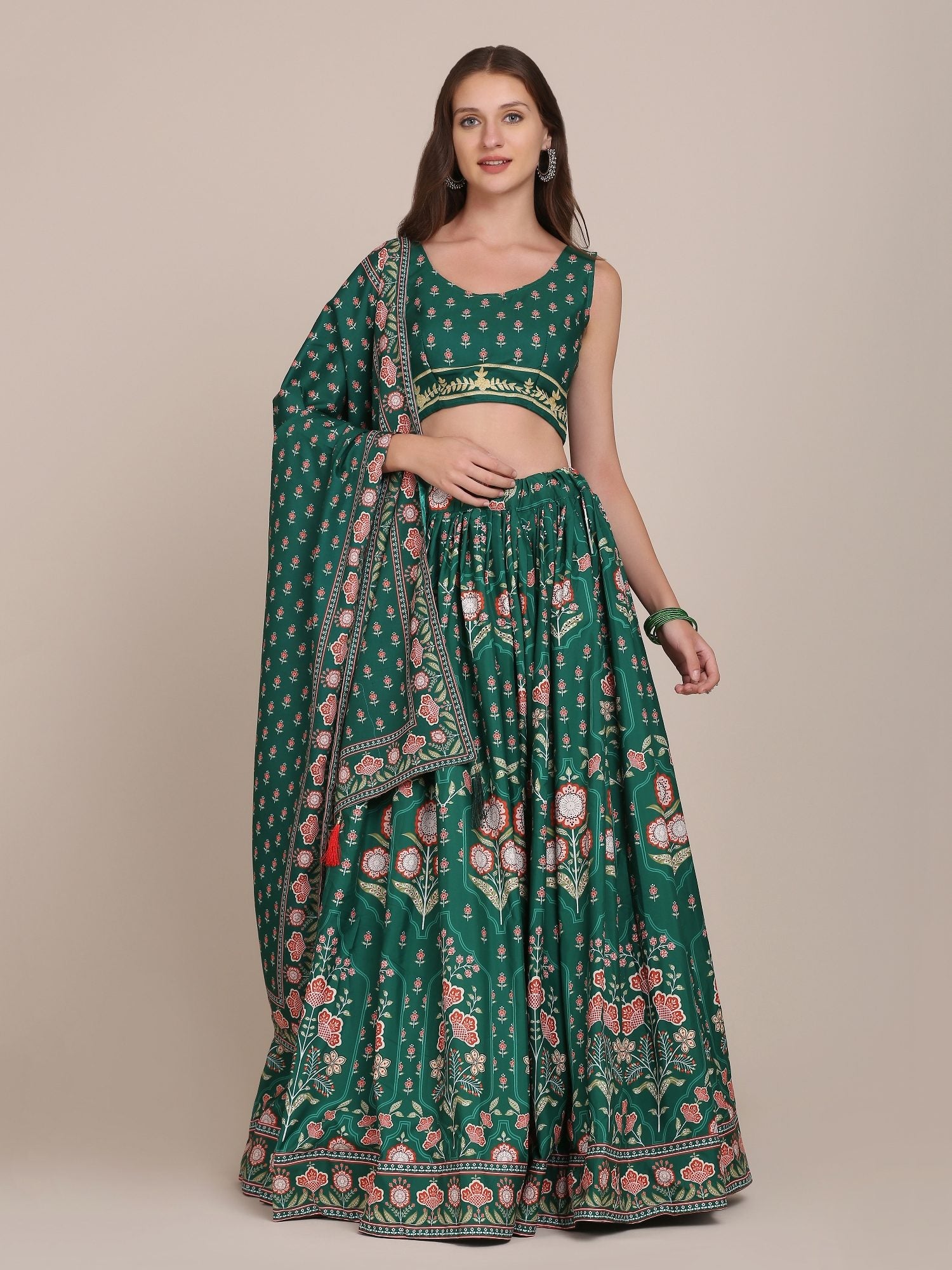 Graceful Forest Green Floral Print Wedding Wear Semi-Stitched Crepe Lehenga Choli with Traditional Block Print & Border Detailing Work