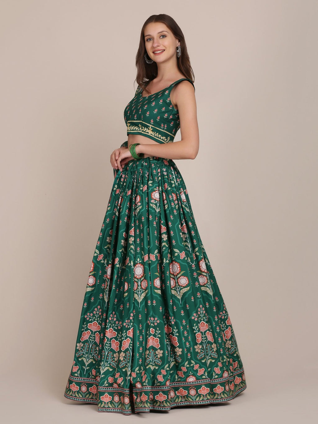 Graceful Forest Green Floral Print Wedding Wear Semi-Stitched Crepe Lehenga Choli with Traditional Block Print & Border Detailing Work