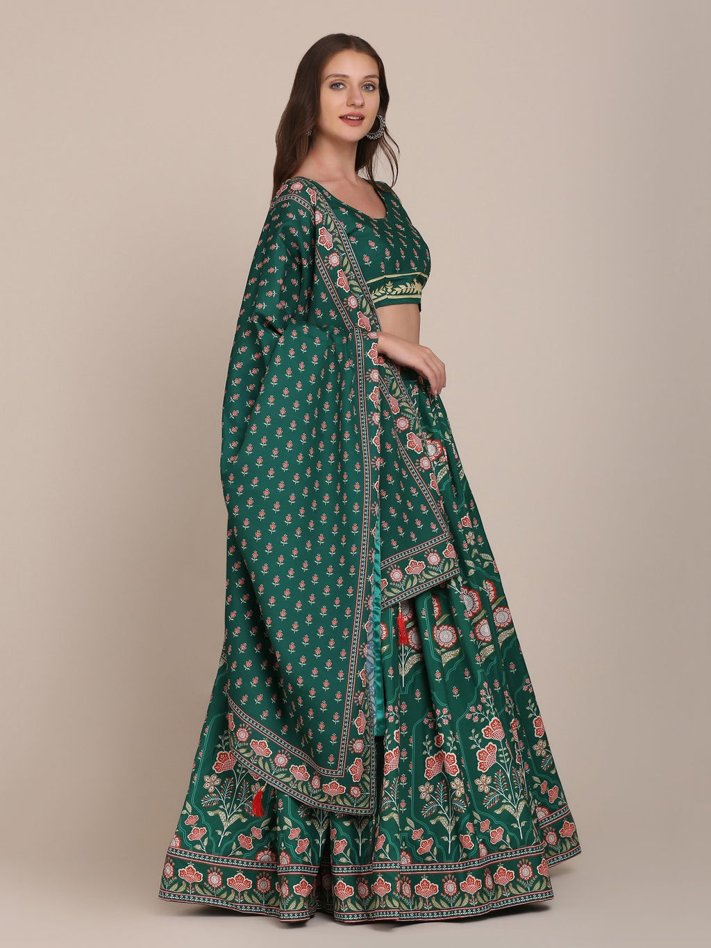 Graceful Forest Green Floral Print Wedding Wear Semi-Stitched Crepe Lehenga Choli with Traditional Block Print & Border Detailing Work