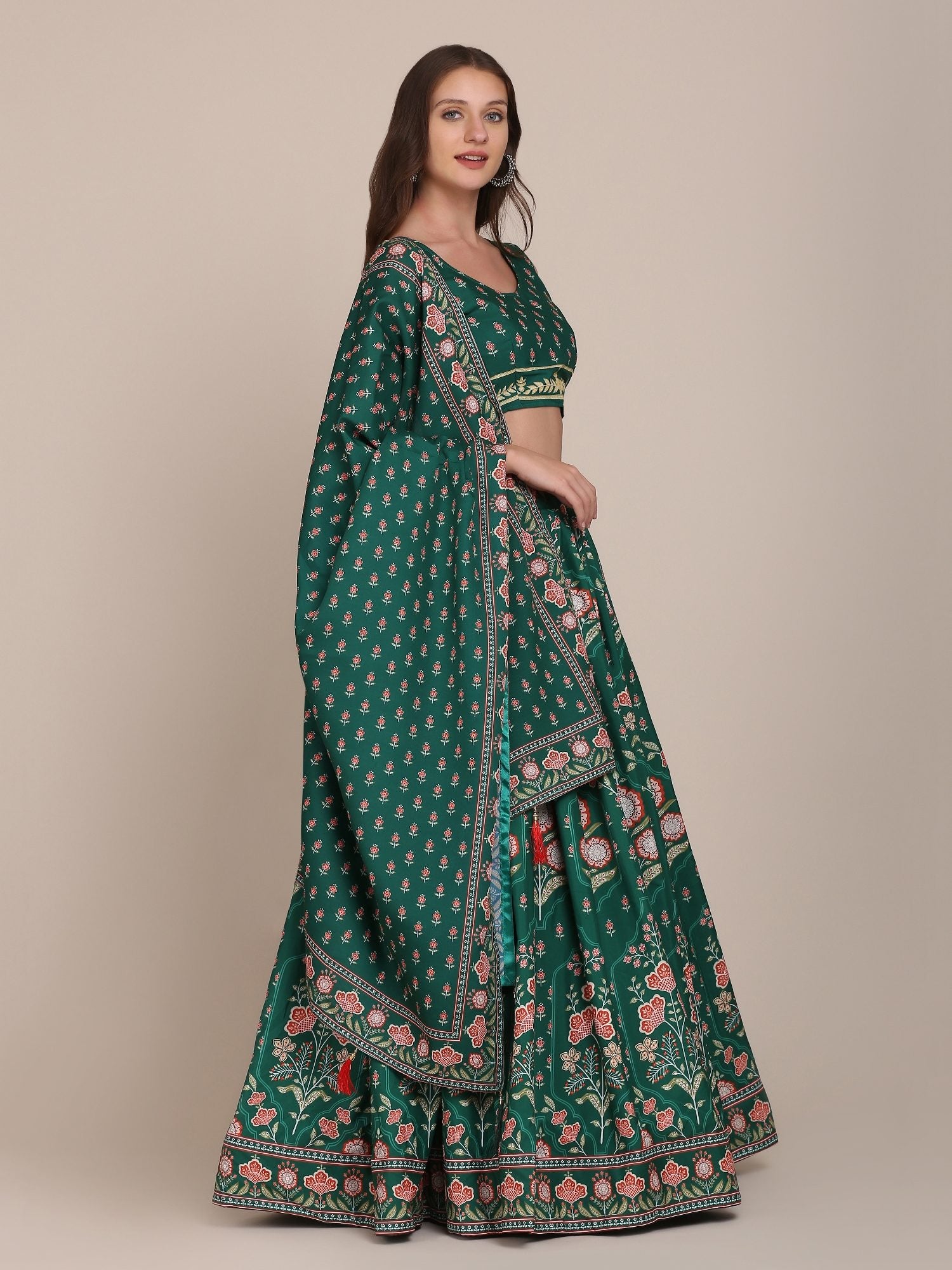 Graceful Forest Green Floral Print Wedding Wear Semi-Stitched Crepe Lehenga Choli with Traditional Block Print & Border Detailing Work