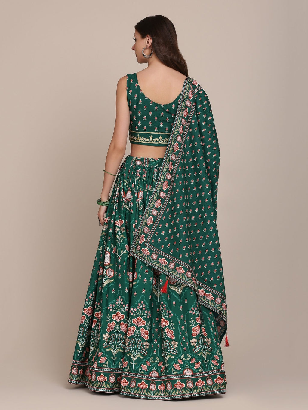 Graceful Forest Green Floral Print Wedding Wear Semi-Stitched Crepe Lehenga Choli with Traditional Block Print & Border Detailing Work