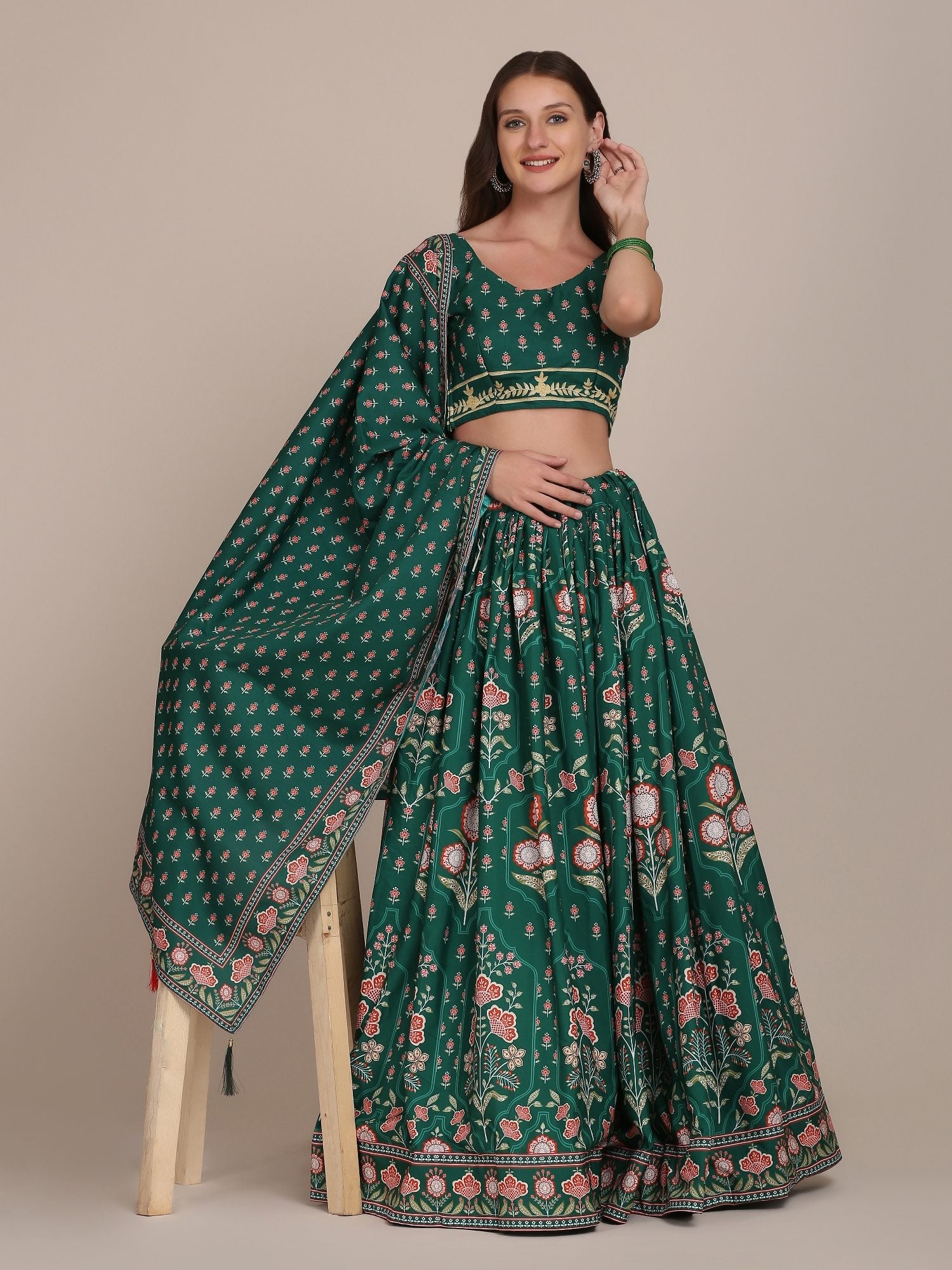 Graceful Forest Green Floral Print Wedding Wear Semi-Stitched Crepe Lehenga Choli with Traditional Block Print & Border Detailing Work
