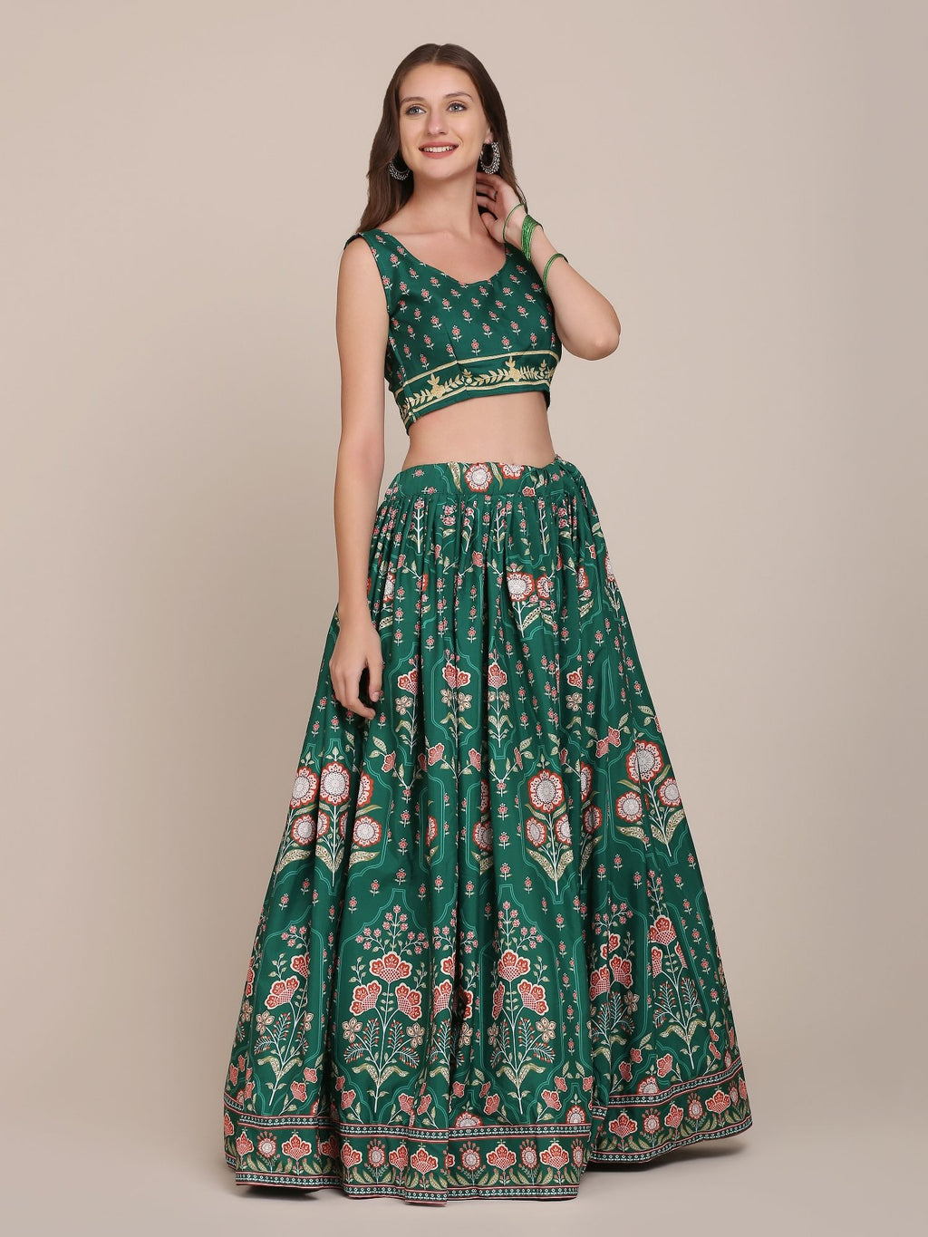 Graceful Forest Green Floral Print Wedding Wear Semi-Stitched Crepe Lehenga Choli with Traditional Block Print & Border Detailing Work