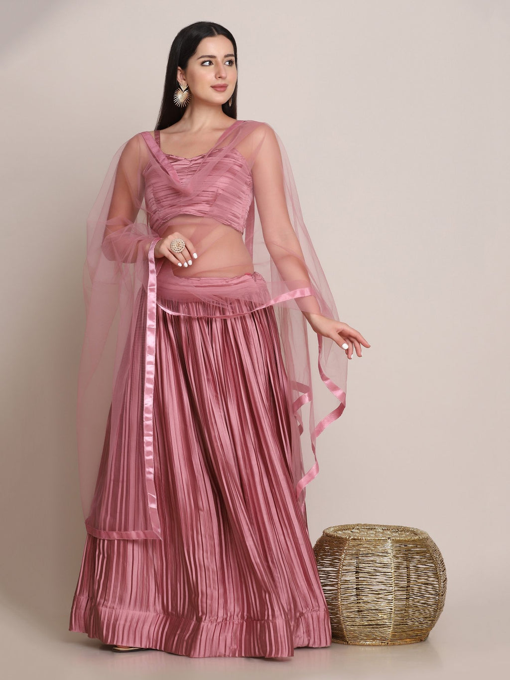 Elegant Dusty Rose Party & Festive Wear Semi-Stitched Satin Silk Lehenga Choli with Textured Pleated Finish