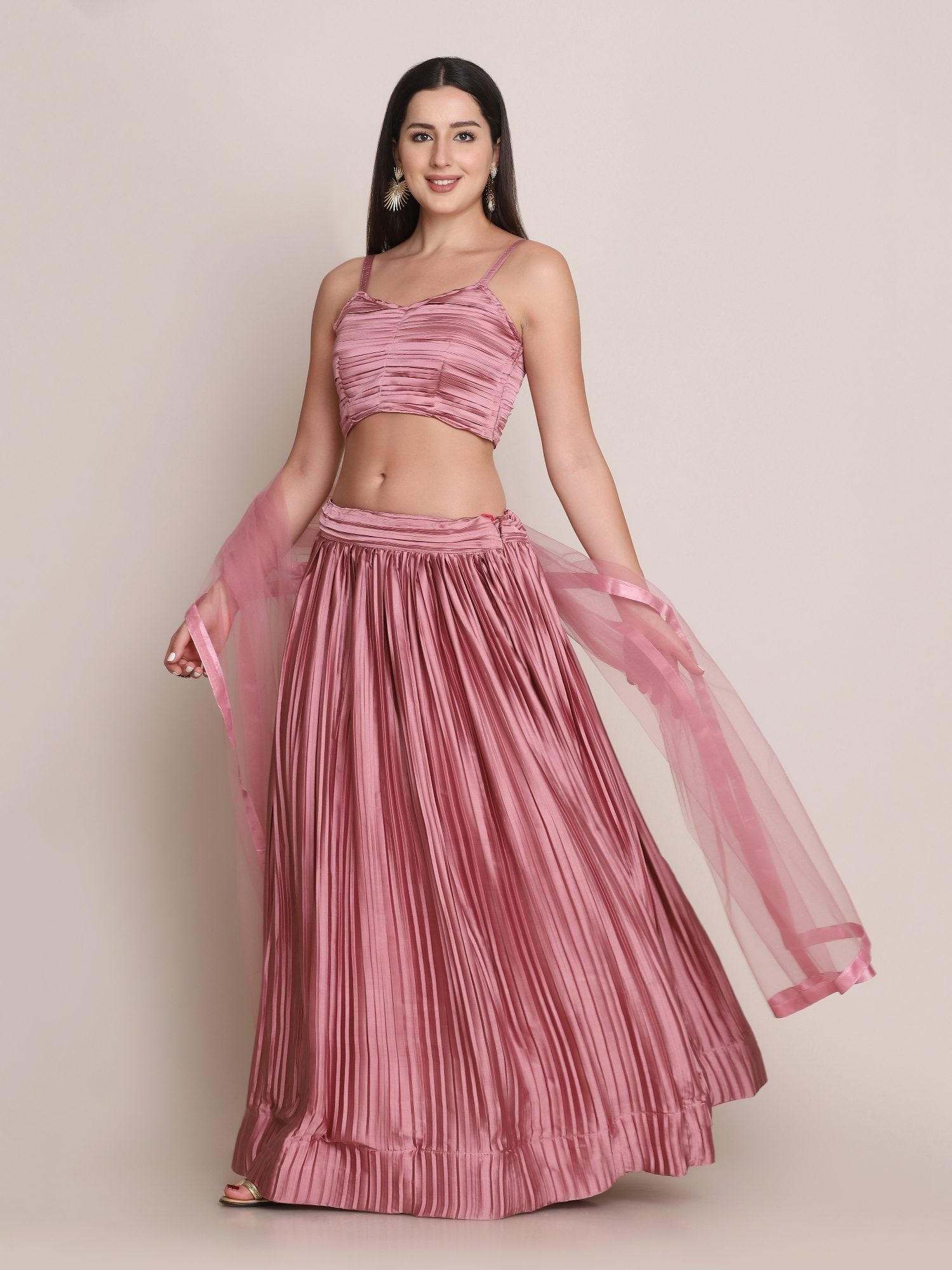 Elegant Dusty Rose Party & Festive Wear Semi-Stitched Satin Silk Lehenga Choli with Textured Pleated Finish
