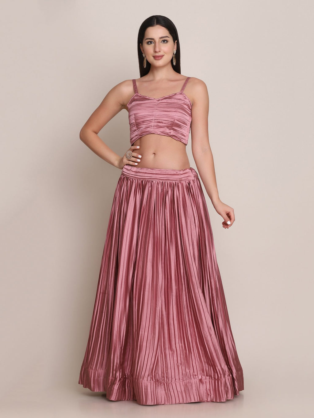Elegant Dusty Rose Party & Festive Wear Semi-Stitched Satin Silk Lehenga Choli with Textured Pleated Finish