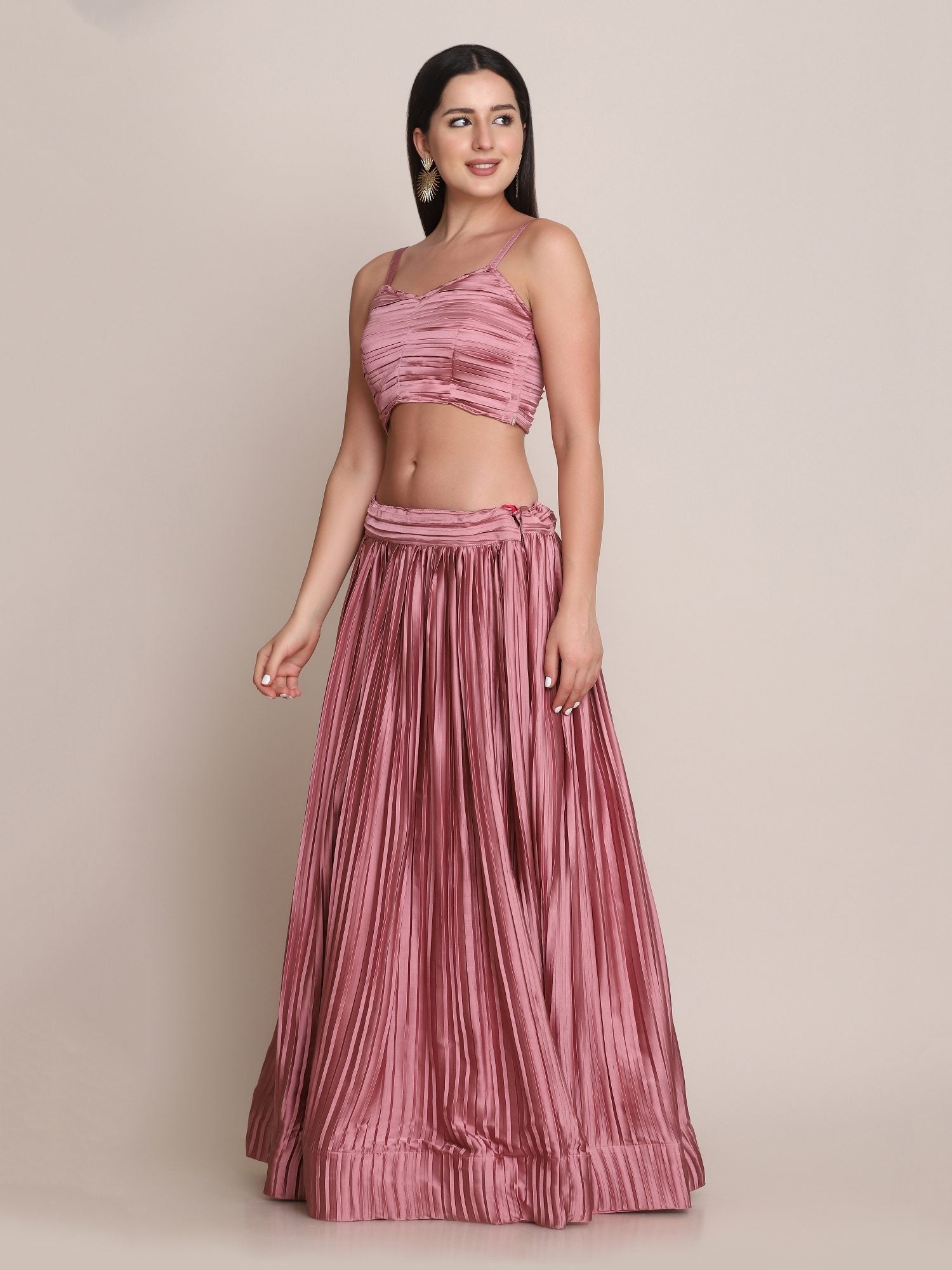 Elegant Dusty Rose Party & Festive Wear Semi-Stitched Satin Silk Lehenga Choli with Textured Pleated Finish