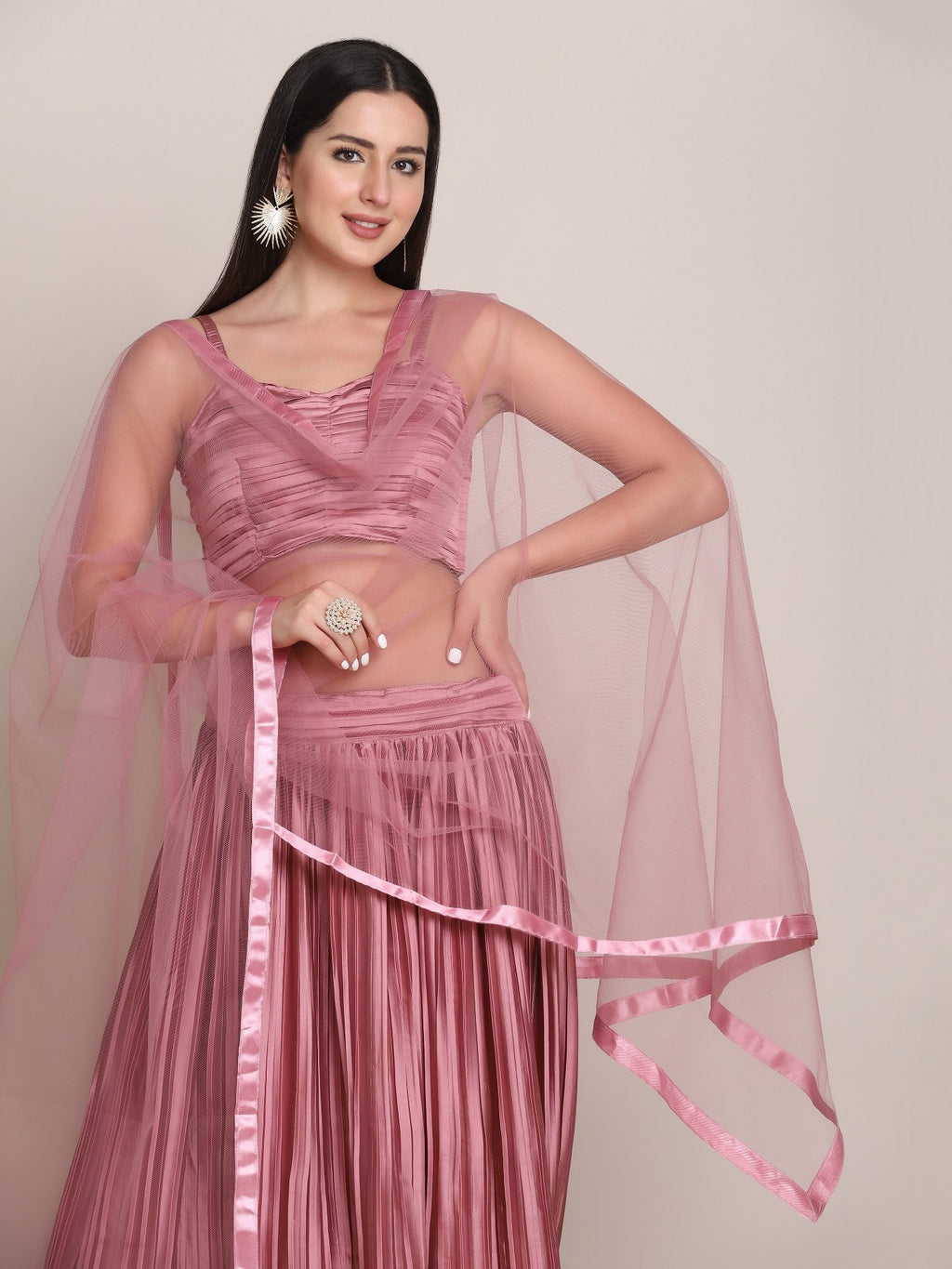 Elegant Dusty Rose Party & Festive Wear Semi-Stitched Satin Silk Lehenga Choli with Textured Pleated Finish