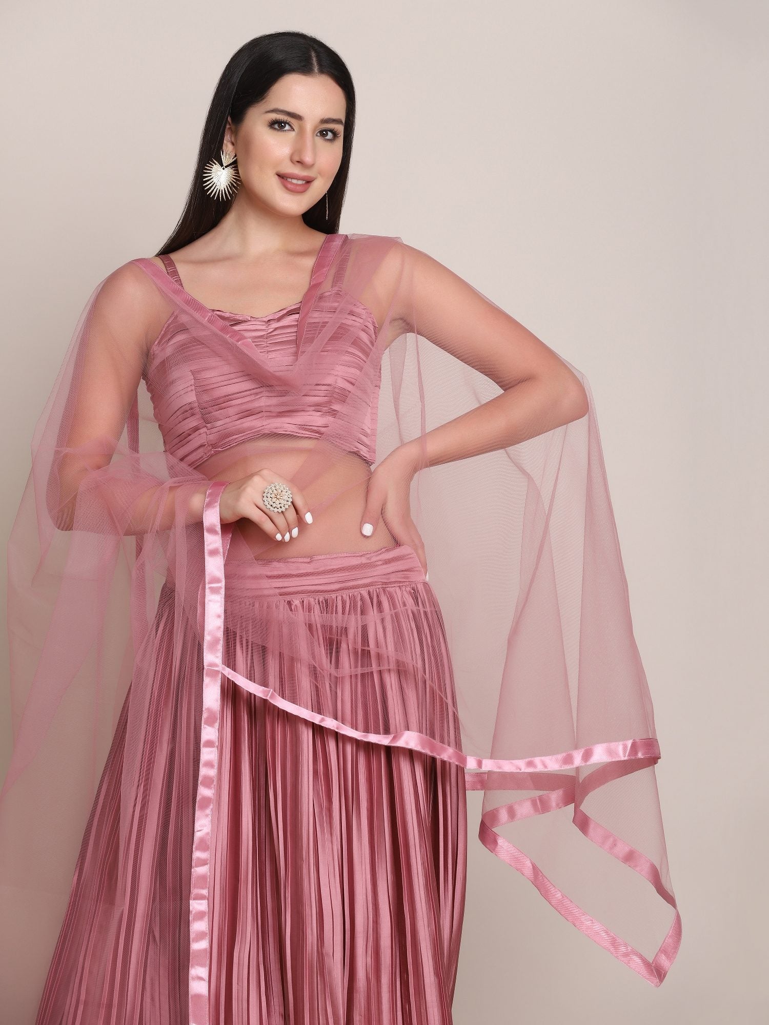 Elegant Dusty Rose Party & Festive Wear Semi-Stitched Satin Silk Lehenga Choli with Textured Pleated Finish