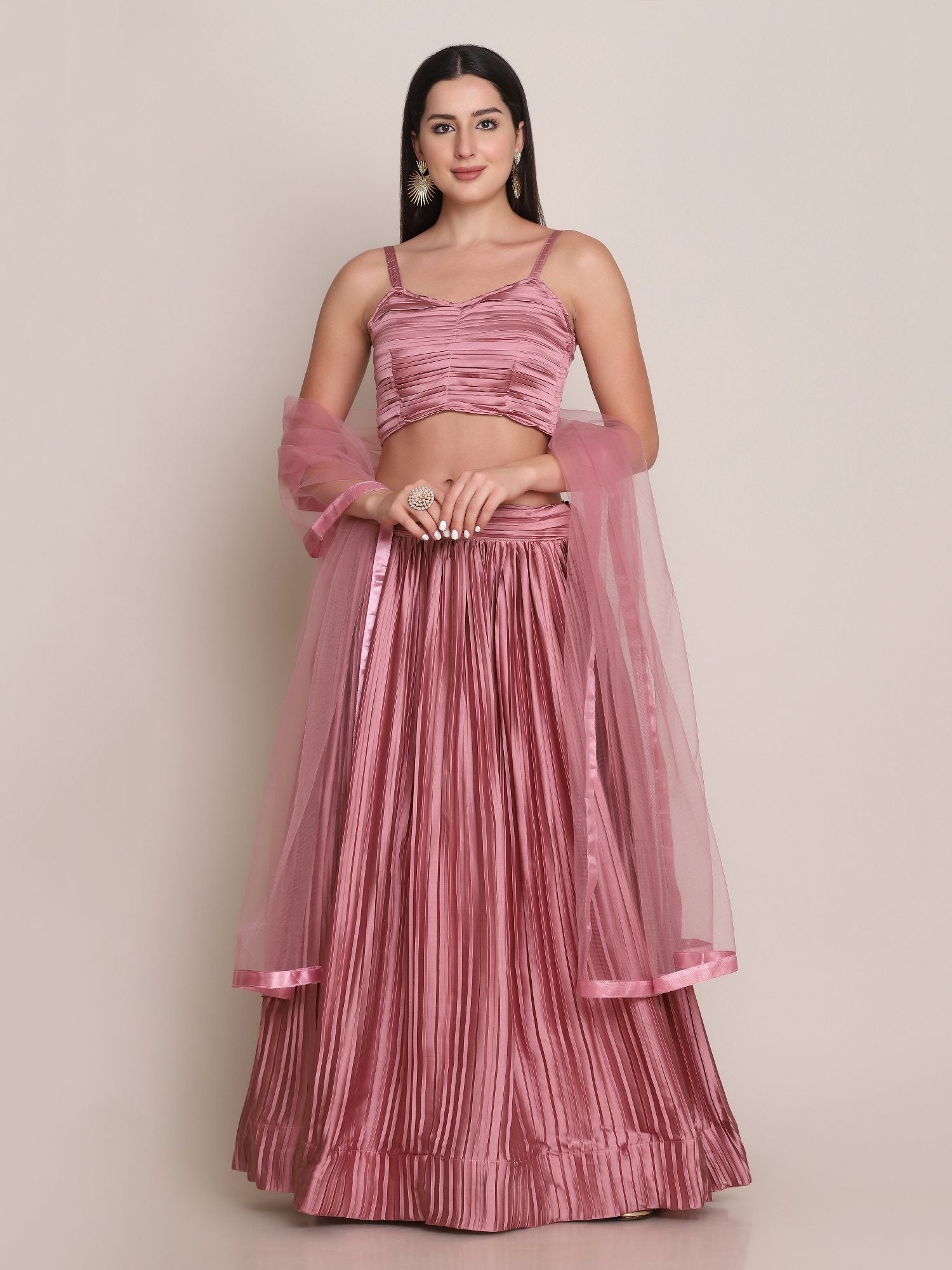 Elegant Dusty Rose Party & Festive Wear Semi-Stitched Satin Silk Lehenga Choli with Textured Pleated Finish