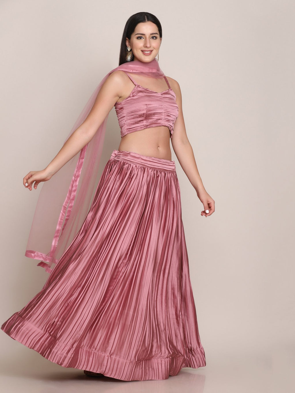 Elegant Dusty Rose Party & Festive Wear Semi-Stitched Satin Silk Lehenga Choli with Textured Pleated Finish
