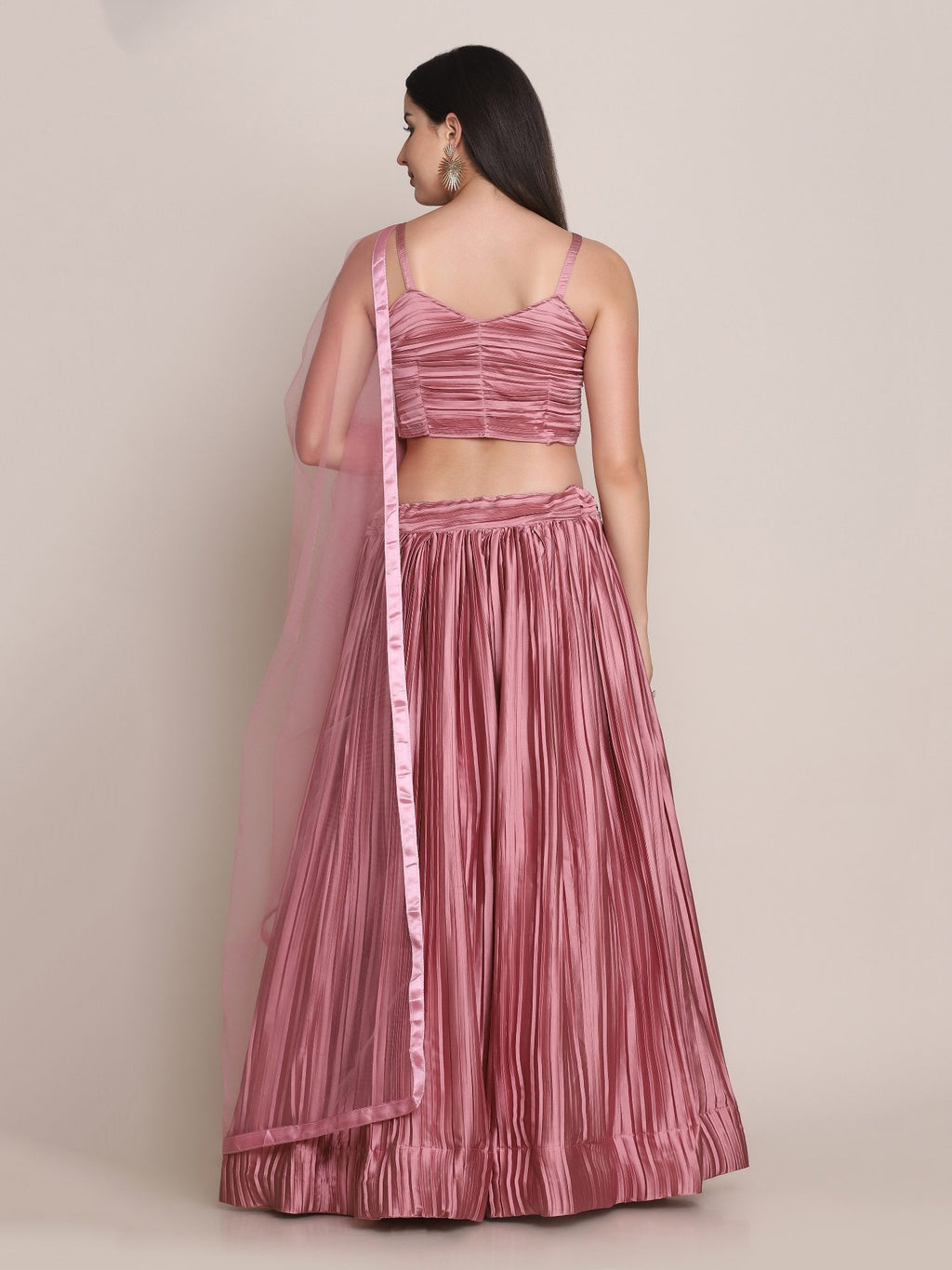 Elegant Dusty Rose Party & Festive Wear Semi-Stitched Satin Silk Lehenga Choli with Textured Pleated Finish