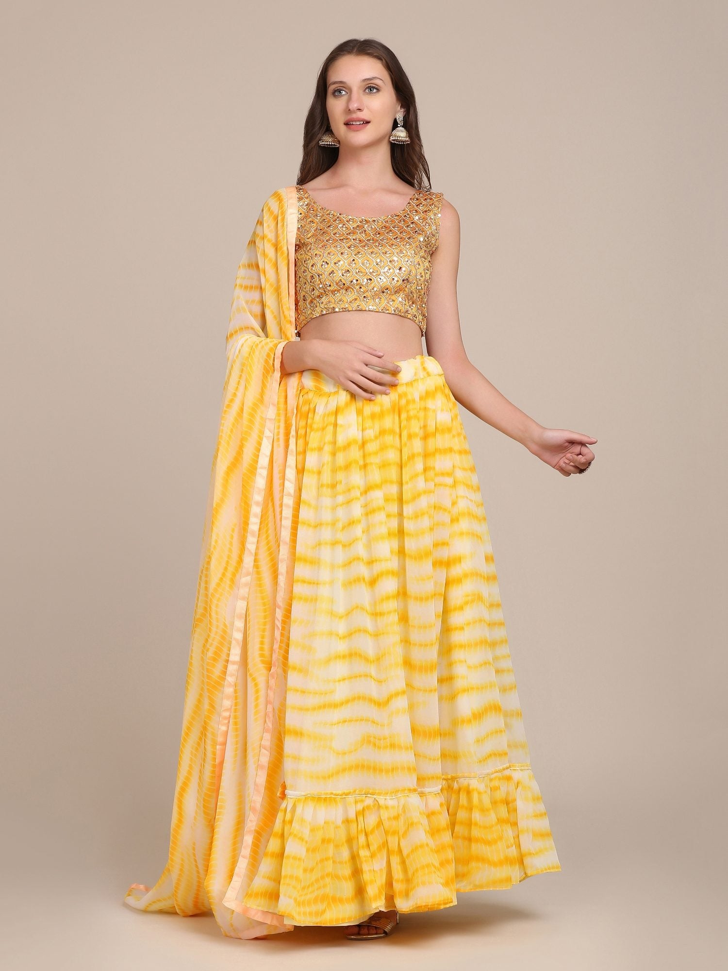 Elegant Sunshine Yellow Festive & Haldi Wear Semi-Stitched Georgette Lehenga Choli with Tie-Dye Print Work