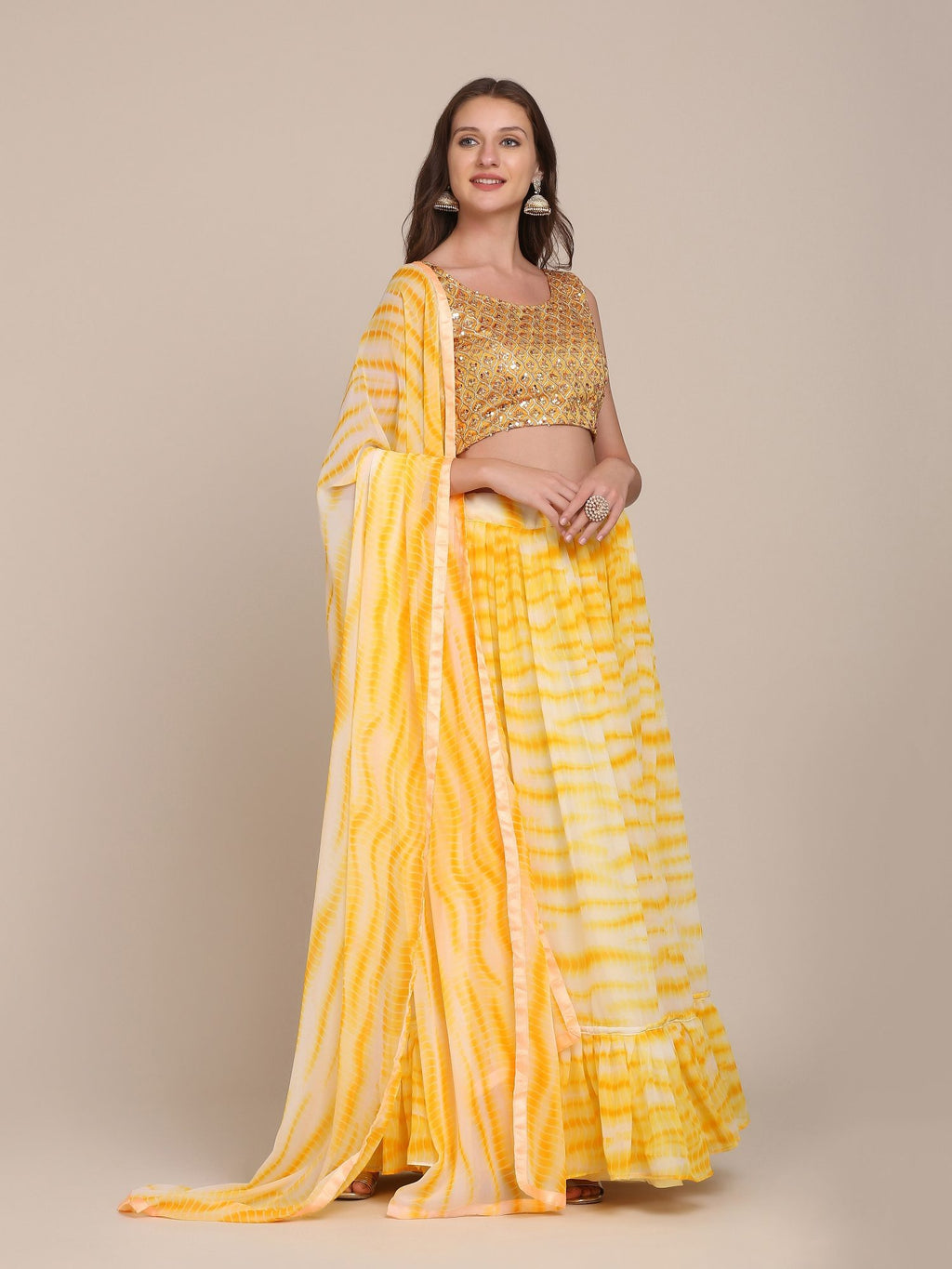 Elegant Sunshine Yellow Festive & Haldi Wear Semi-Stitched Georgette Lehenga Choli with Tie-Dye Print Work