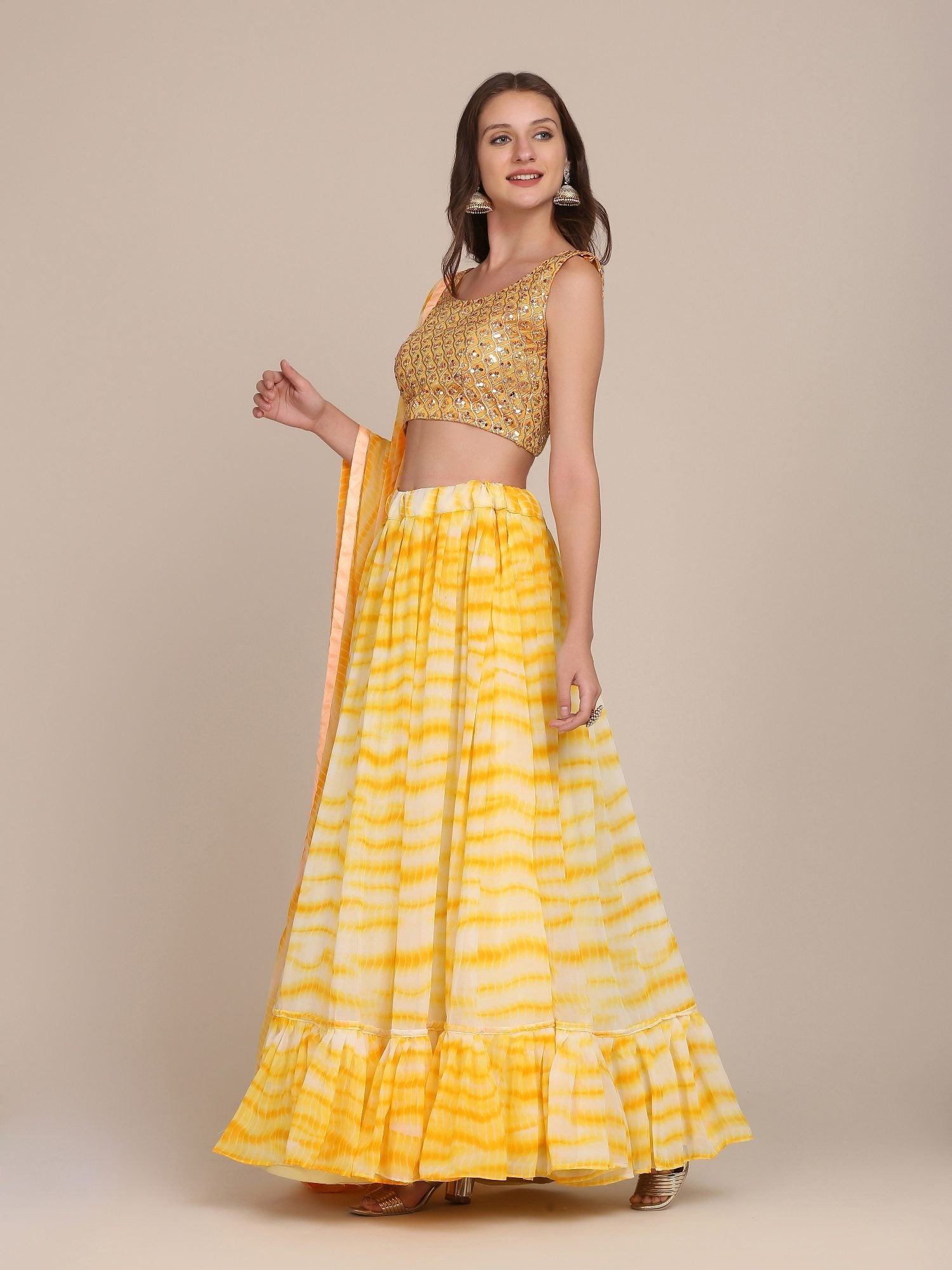 Elegant Sunshine Yellow Festive & Haldi Wear Semi-Stitched Georgette Lehenga Choli with Tie-Dye Print Work
