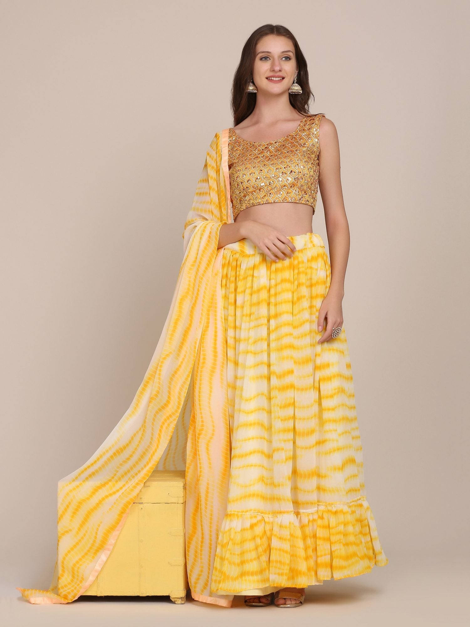 Elegant Sunshine Yellow Festive & Haldi Wear Semi-Stitched Georgette Lehenga Choli with Tie-Dye Print Work