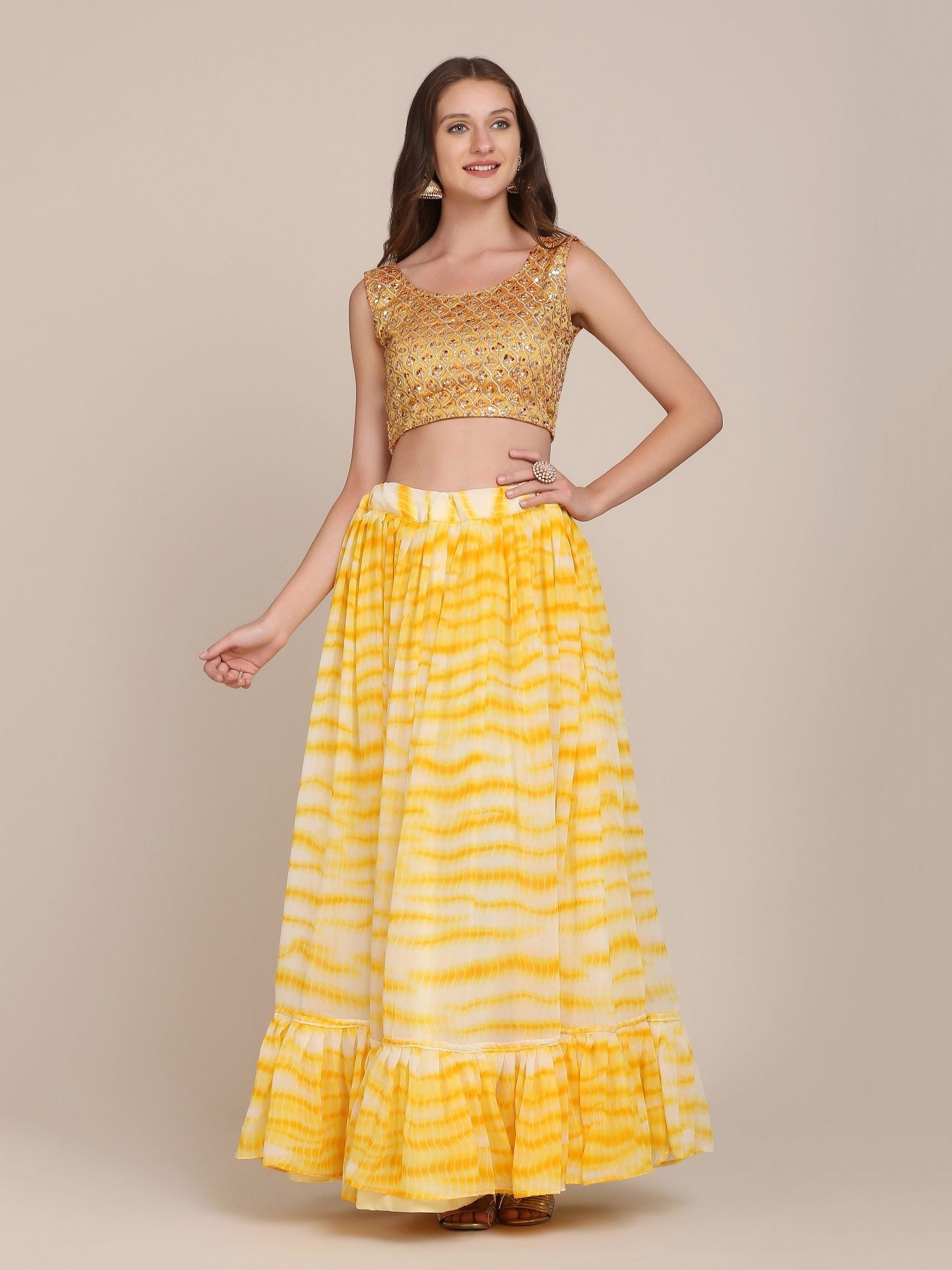 Elegant Sunshine Yellow Festive & Haldi Wear Semi-Stitched Georgette Lehenga Choli with Tie-Dye Print Work