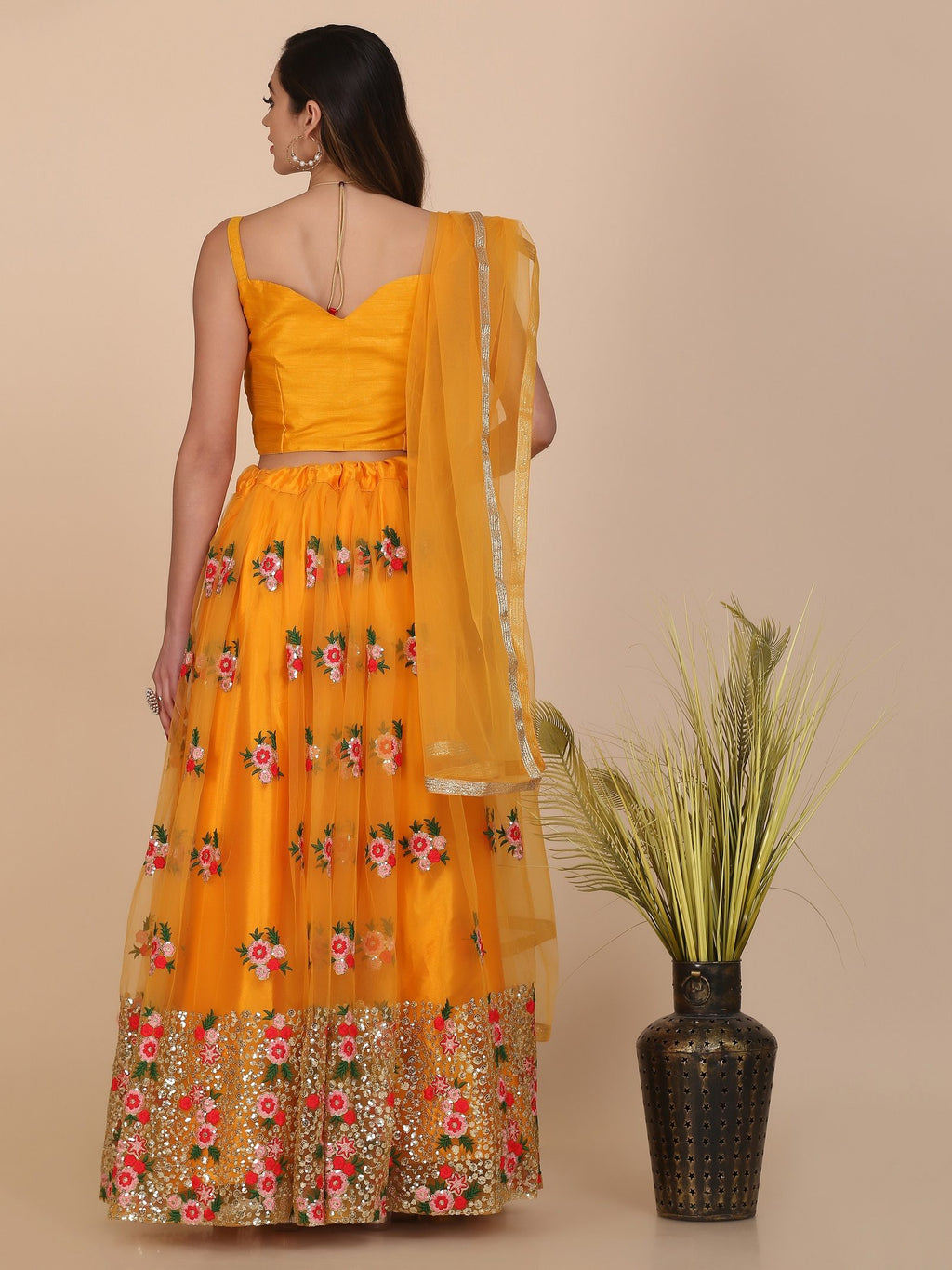 Mustard Yellow Floral Embroidered Festive & Wedding Wear Semi-Stitched Net Lehenga Choli with Heavy Dupatta Work