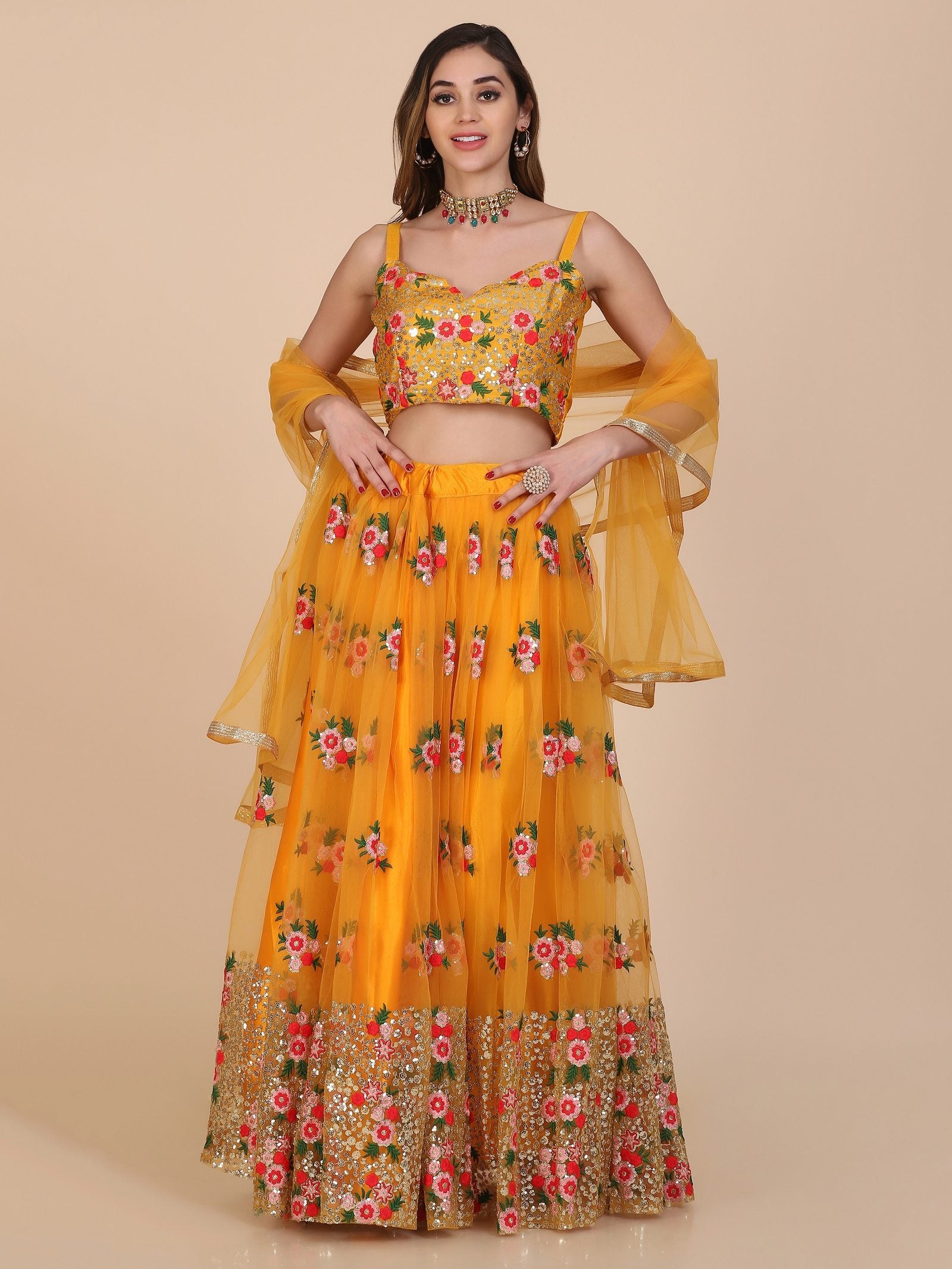Mustard Yellow Floral Embroidered Festive & Wedding Wear Semi-Stitched Net Lehenga Choli with Heavy Dupatta Work