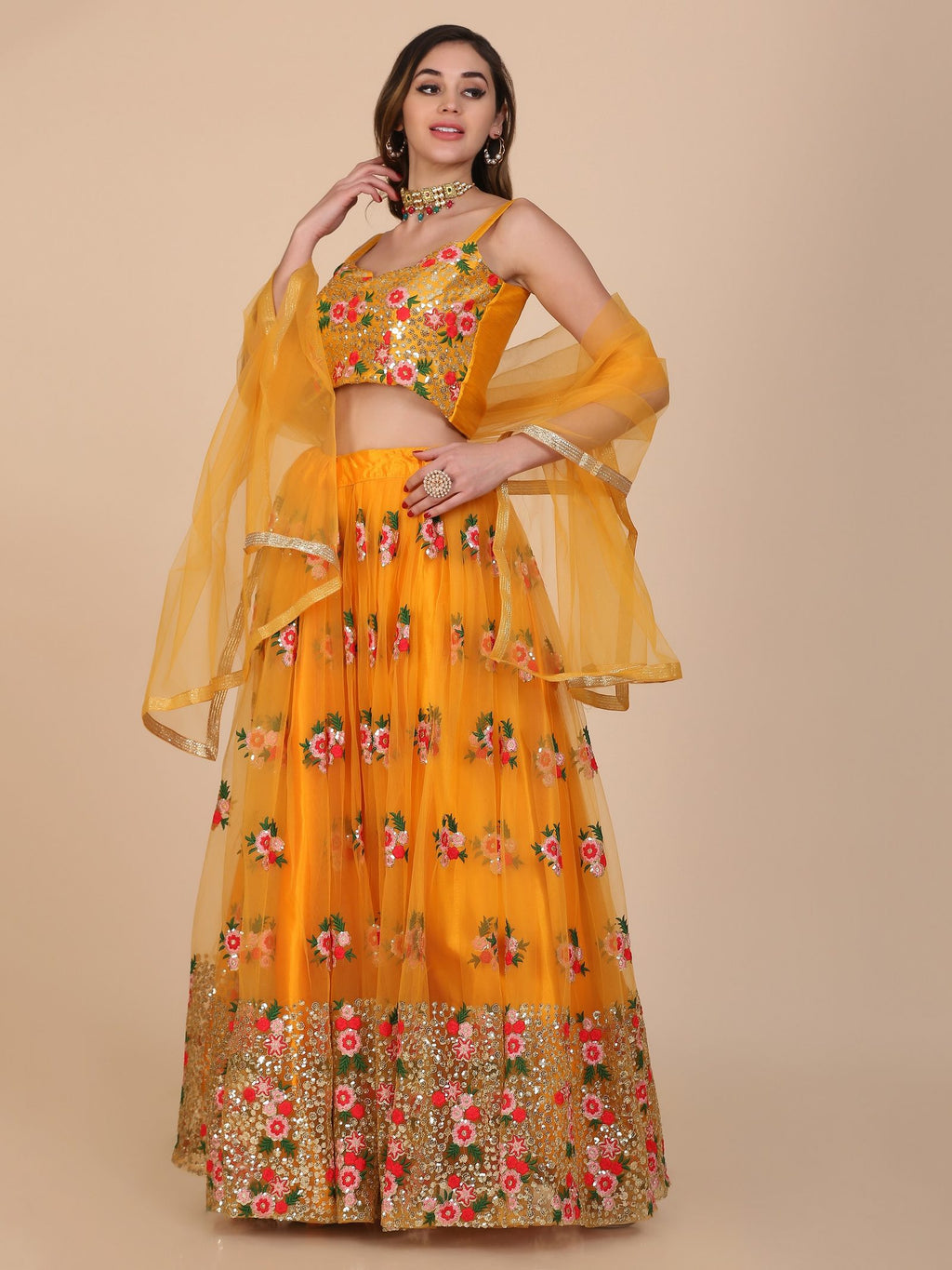 Mustard Yellow Floral Embroidered Festive & Wedding Wear Semi-Stitched Net Lehenga Choli with Heavy Dupatta Work