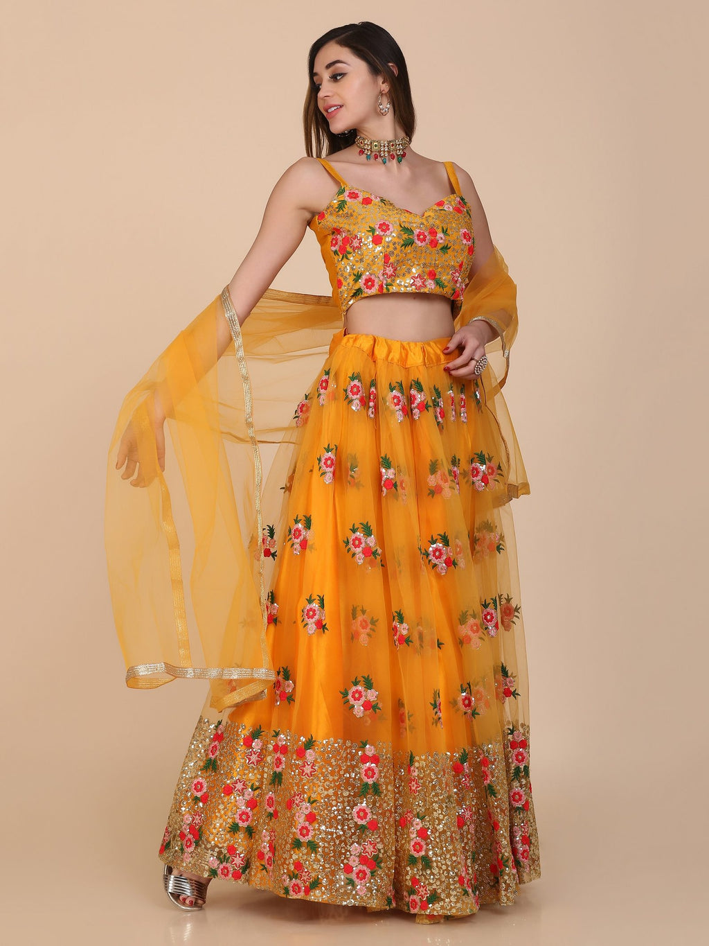 Mustard Yellow Floral Embroidered Festive & Wedding Wear Semi-Stitched Net Lehenga Choli with Heavy Dupatta Work