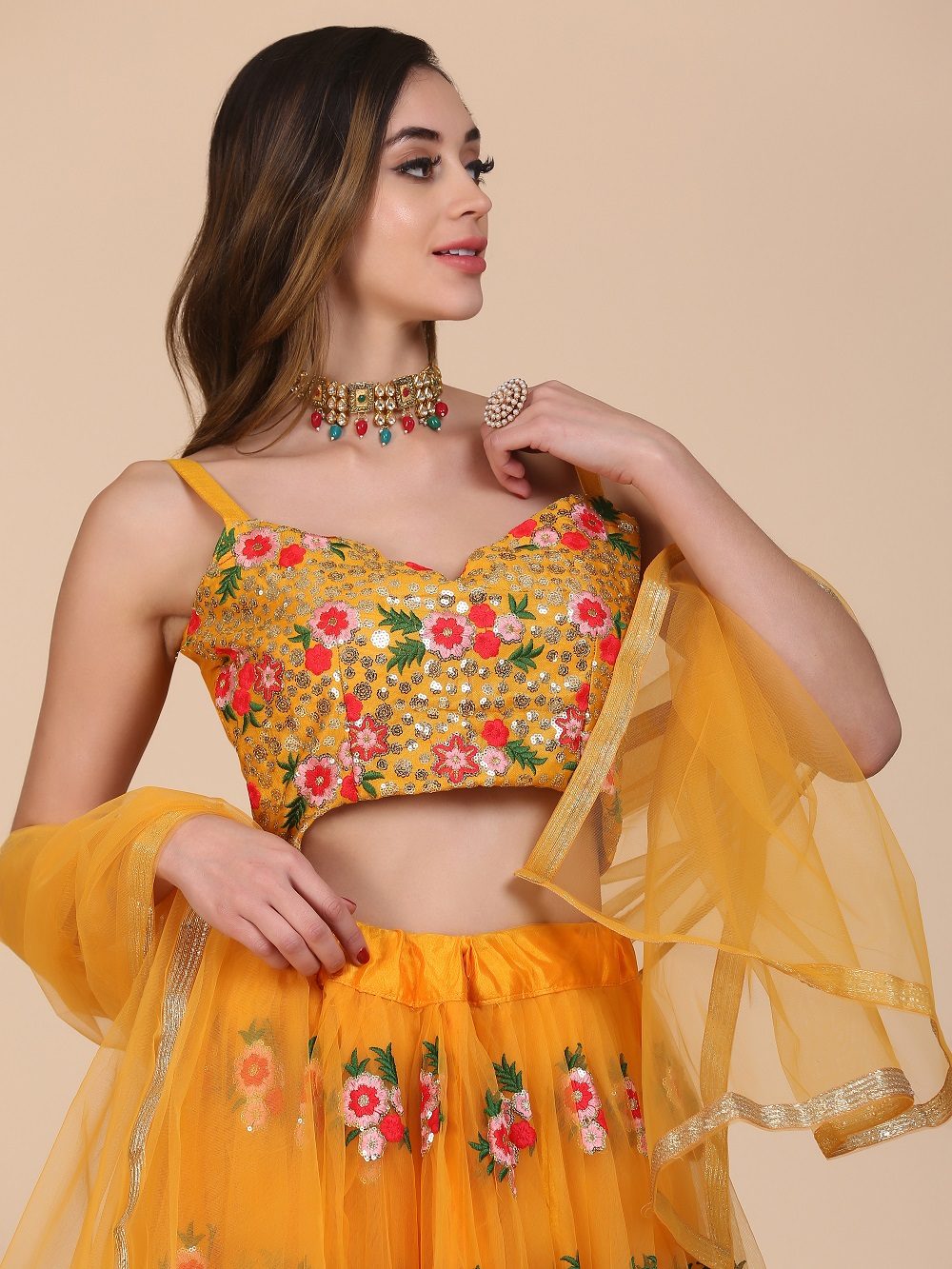 Mustard Yellow Floral Embroidered Festive & Wedding Wear Semi-Stitched Net Lehenga Choli with Heavy Dupatta Work
