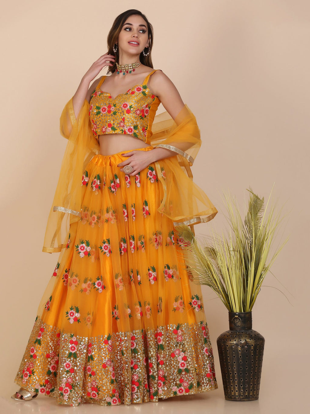Mustard Yellow Floral Embroidered Festive & Wedding Wear Semi-Stitched Net Lehenga Choli with Heavy Dupatta Work