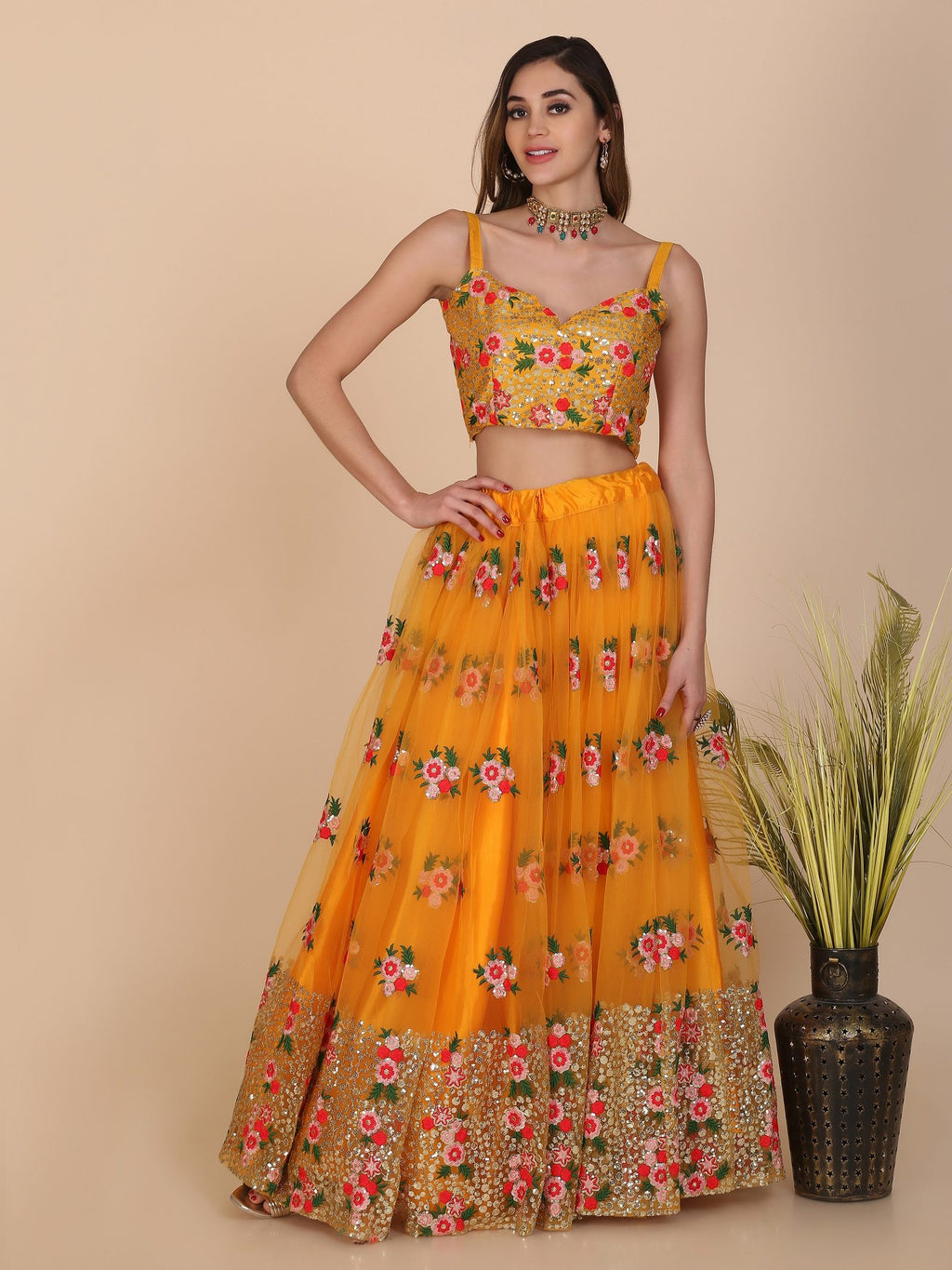Mustard Yellow Floral Embroidered Festive & Wedding Wear Semi-Stitched Net Lehenga Choli with Heavy Dupatta Work