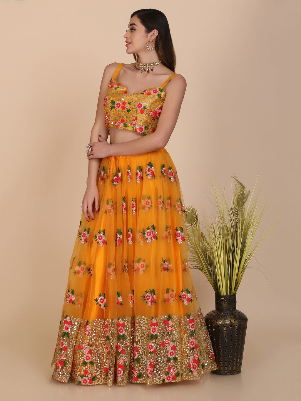 Mustard Yellow Floral Embroidered Festive & Wedding Wear Semi-Stitched Net Lehenga Choli with Heavy Dupatta Work