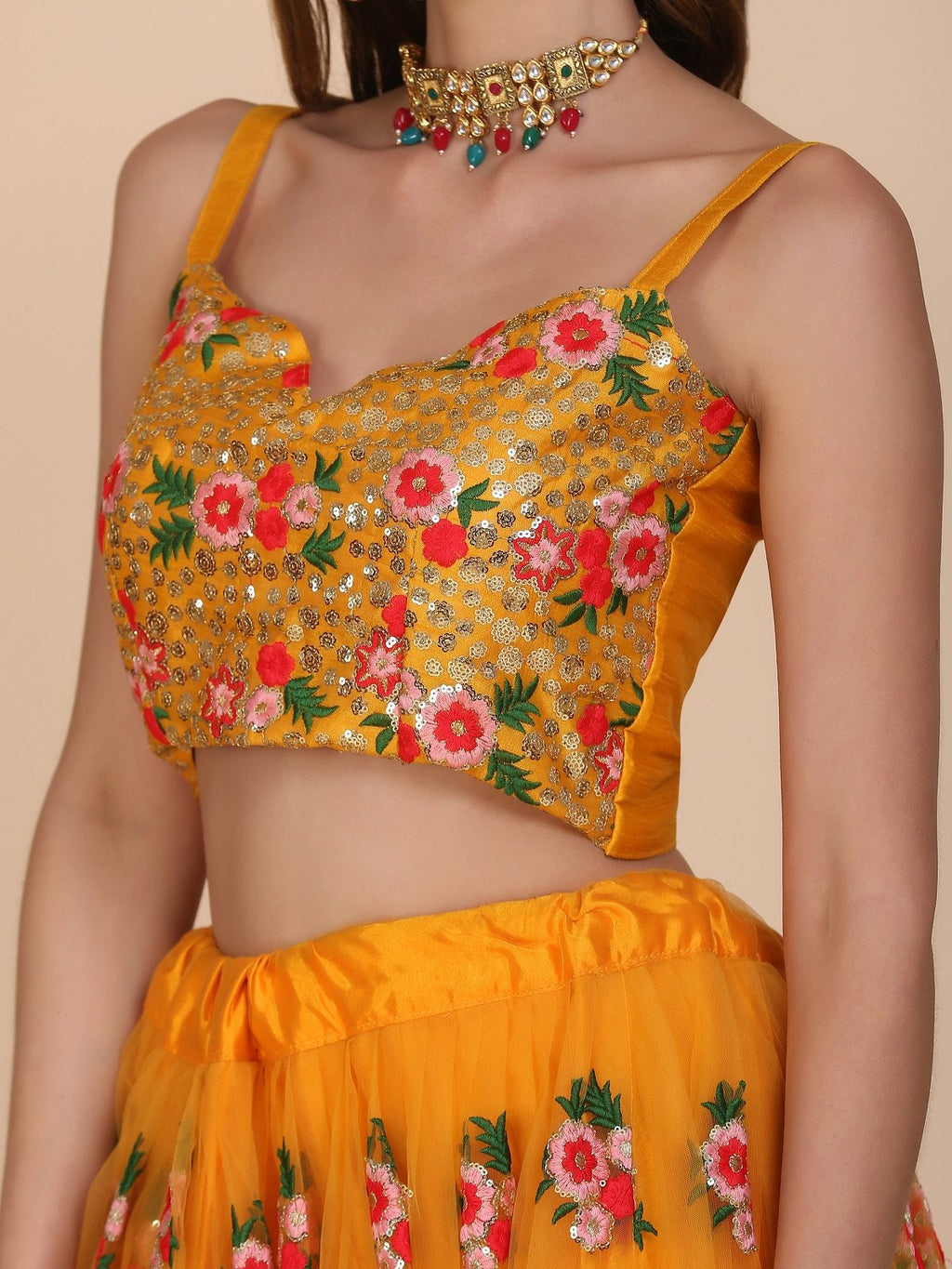 Mustard Yellow Floral Embroidered Festive & Wedding Wear Semi-Stitched Net Lehenga Choli with Heavy Dupatta Work