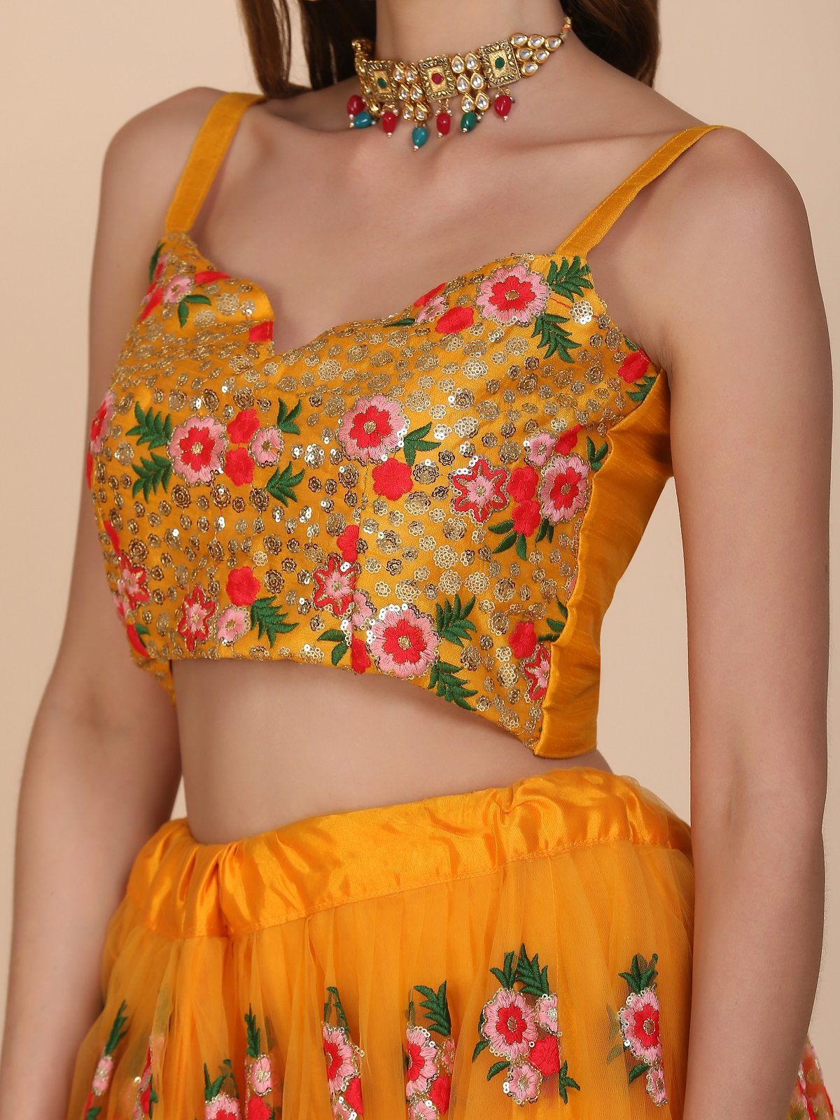 Mustard Yellow Floral Embroidered Festive & Wedding Wear Semi-Stitched Net Lehenga Choli with Heavy Dupatta Work