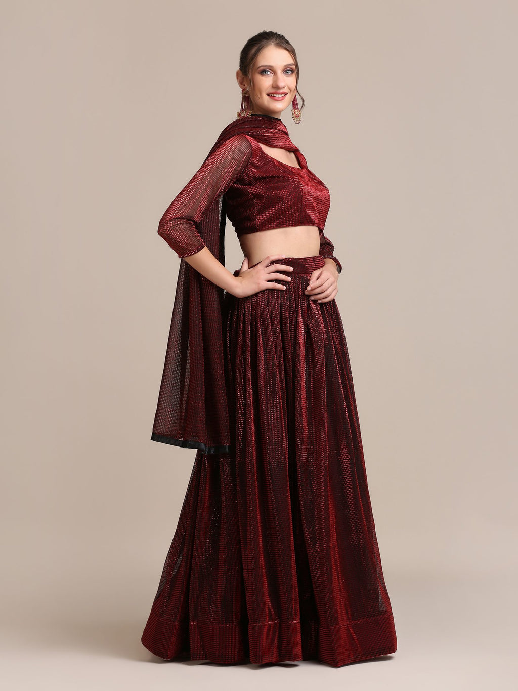 Elegant Maroon Party & Cocktail Wear Semi-Stitched Fancy Fabric Lehenga Choli with Embellished Work