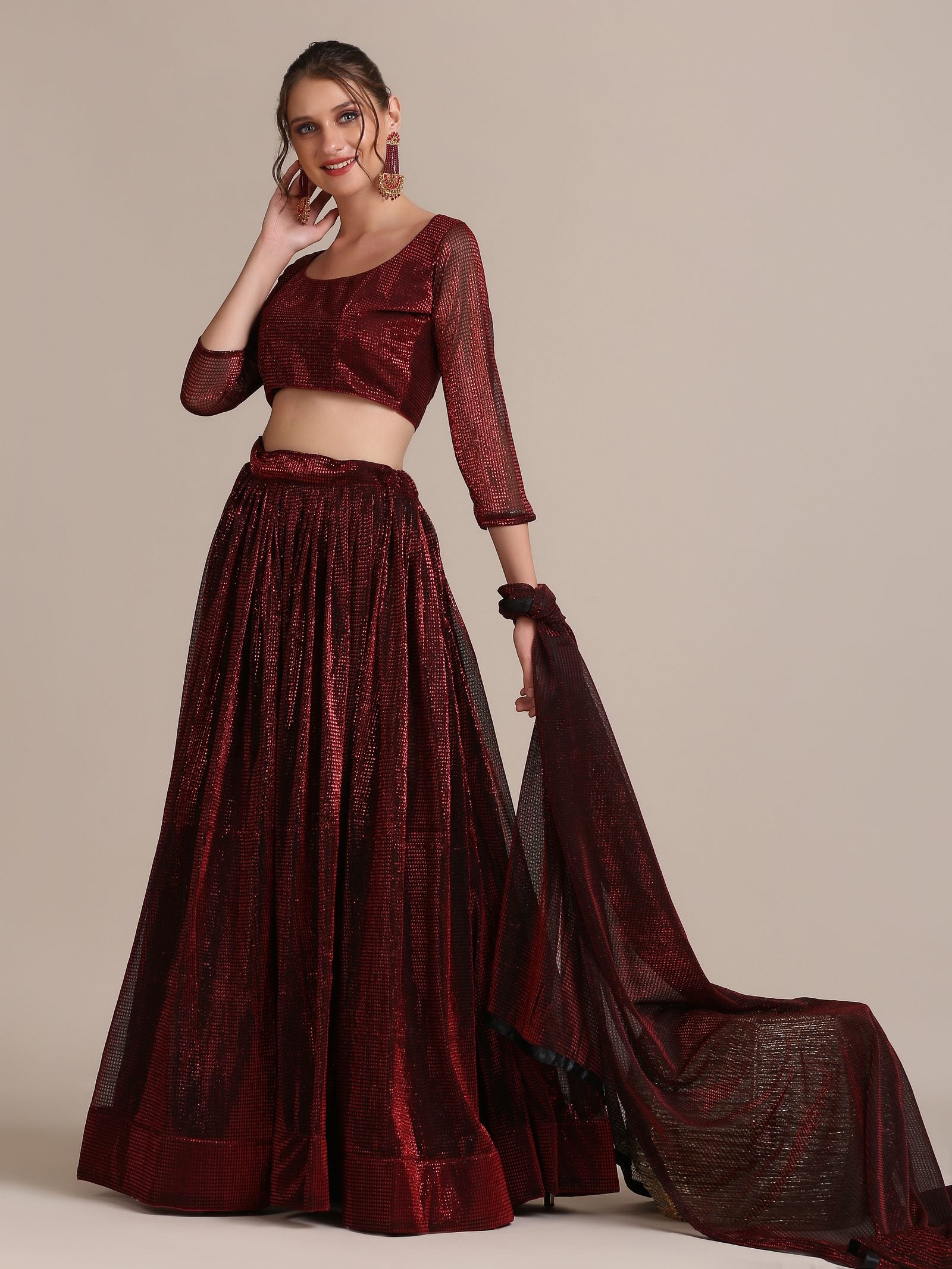 Elegant Maroon Party & Cocktail Wear Semi-Stitched Fancy Fabric Lehenga Choli with Embellished Work