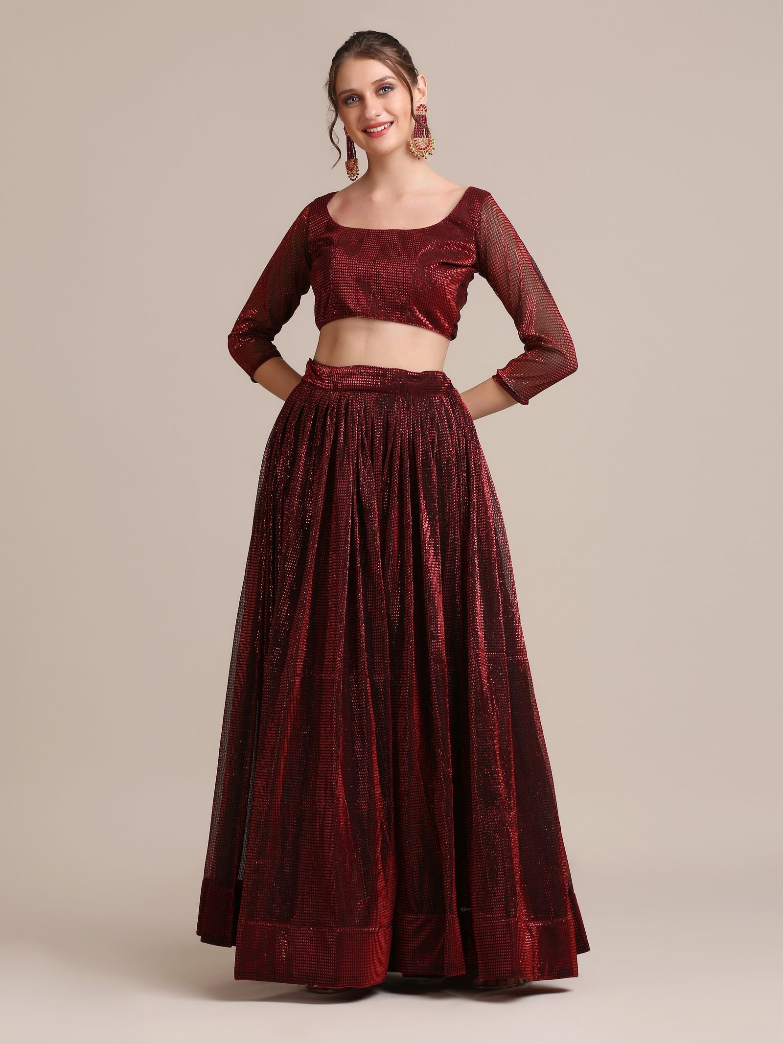 Elegant Maroon Party & Cocktail Wear Semi-Stitched Fancy Fabric Lehenga Choli with Embellished Work