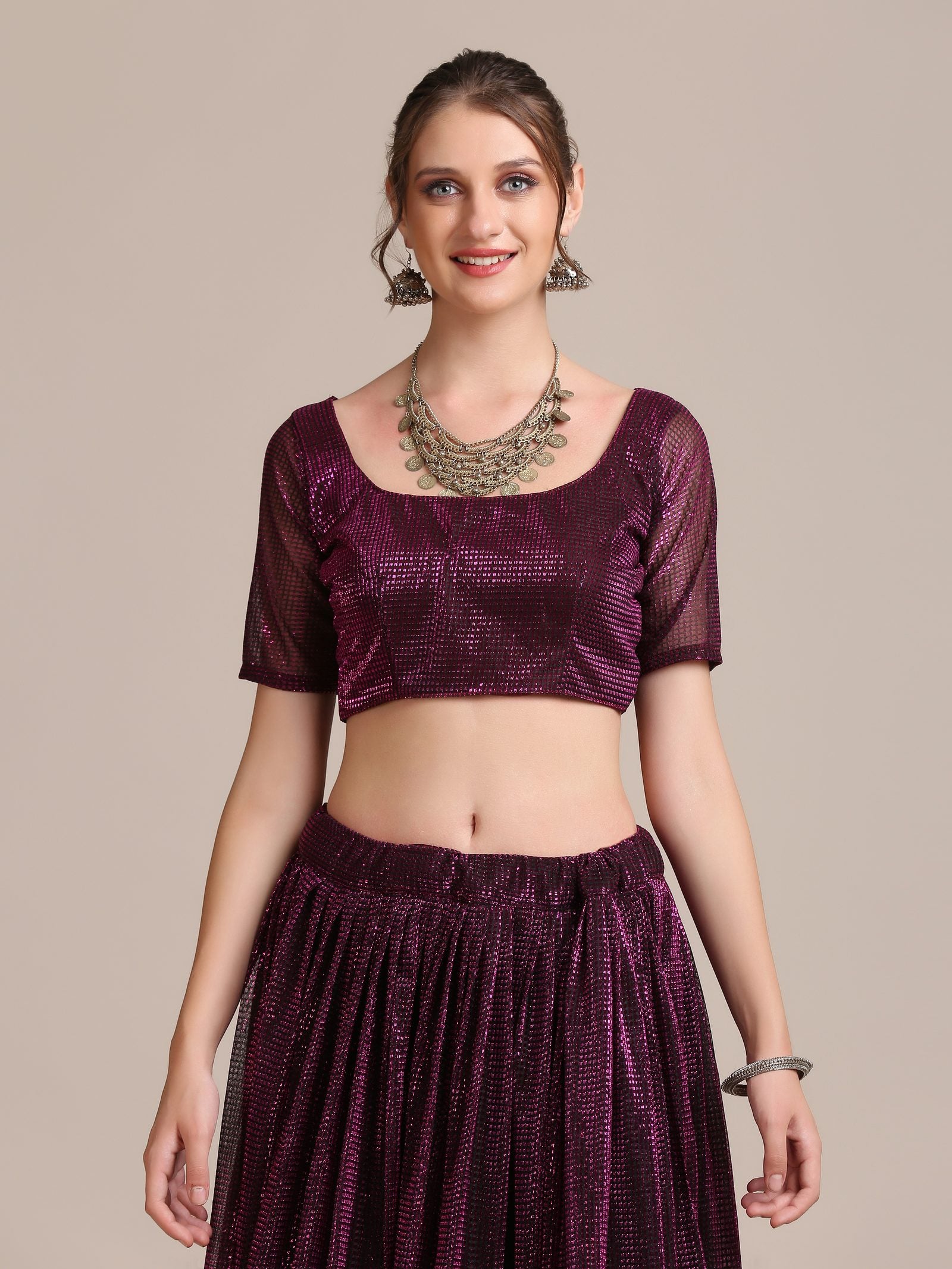 Elegant Wine Purple Party & Cocktail Wear Semi-Stitched Fancy Fabric Lehenga Choli with Embellished Work