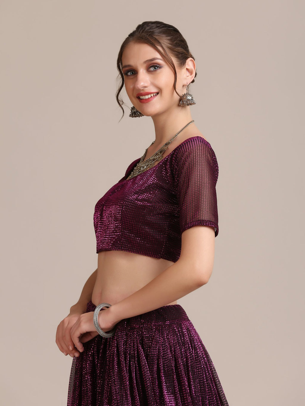 Elegant Wine Purple Party & Cocktail Wear Semi-Stitched Fancy Fabric Lehenga Choli with Embellished Work