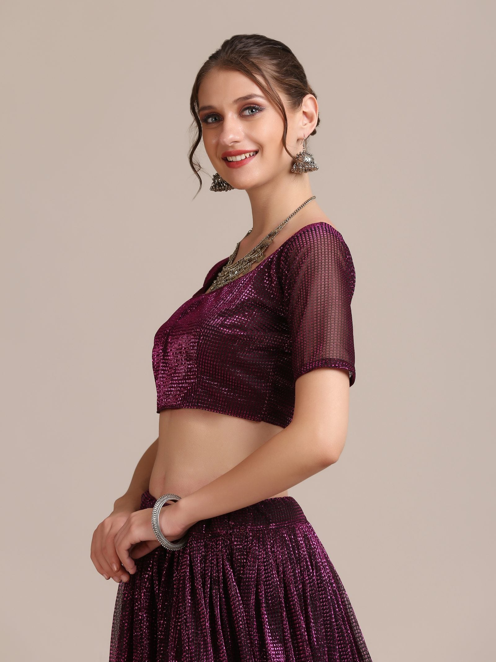 Elegant Wine Purple Party & Cocktail Wear Semi-Stitched Fancy Fabric Lehenga Choli with Embellished Work