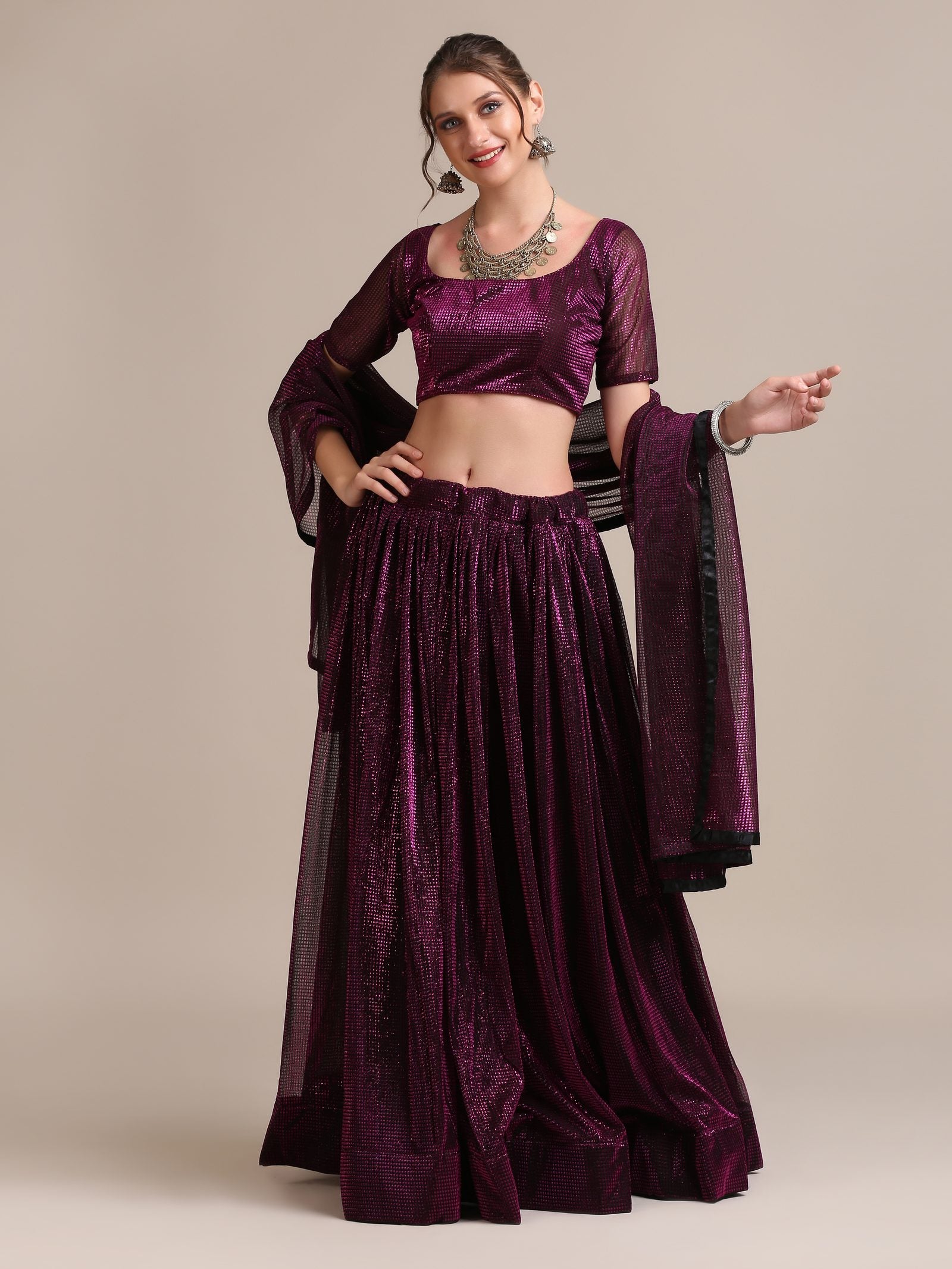 Elegant Wine Purple Party & Cocktail Wear Semi-Stitched Fancy Fabric Lehenga Choli with Embellished Work